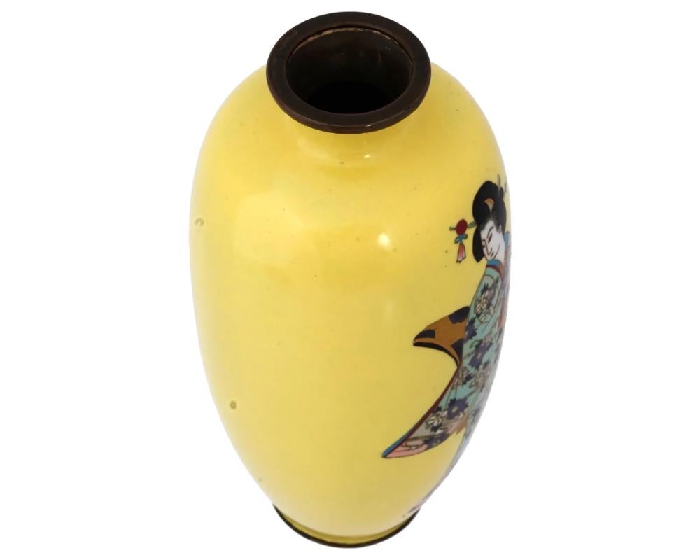 19th Century Antique Japanese Geisha Yellow Cloisonne Enamel Vase For Sale