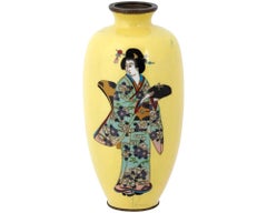 Vintage Japanese Geisha Yellow Cloisonne Enamel Vase