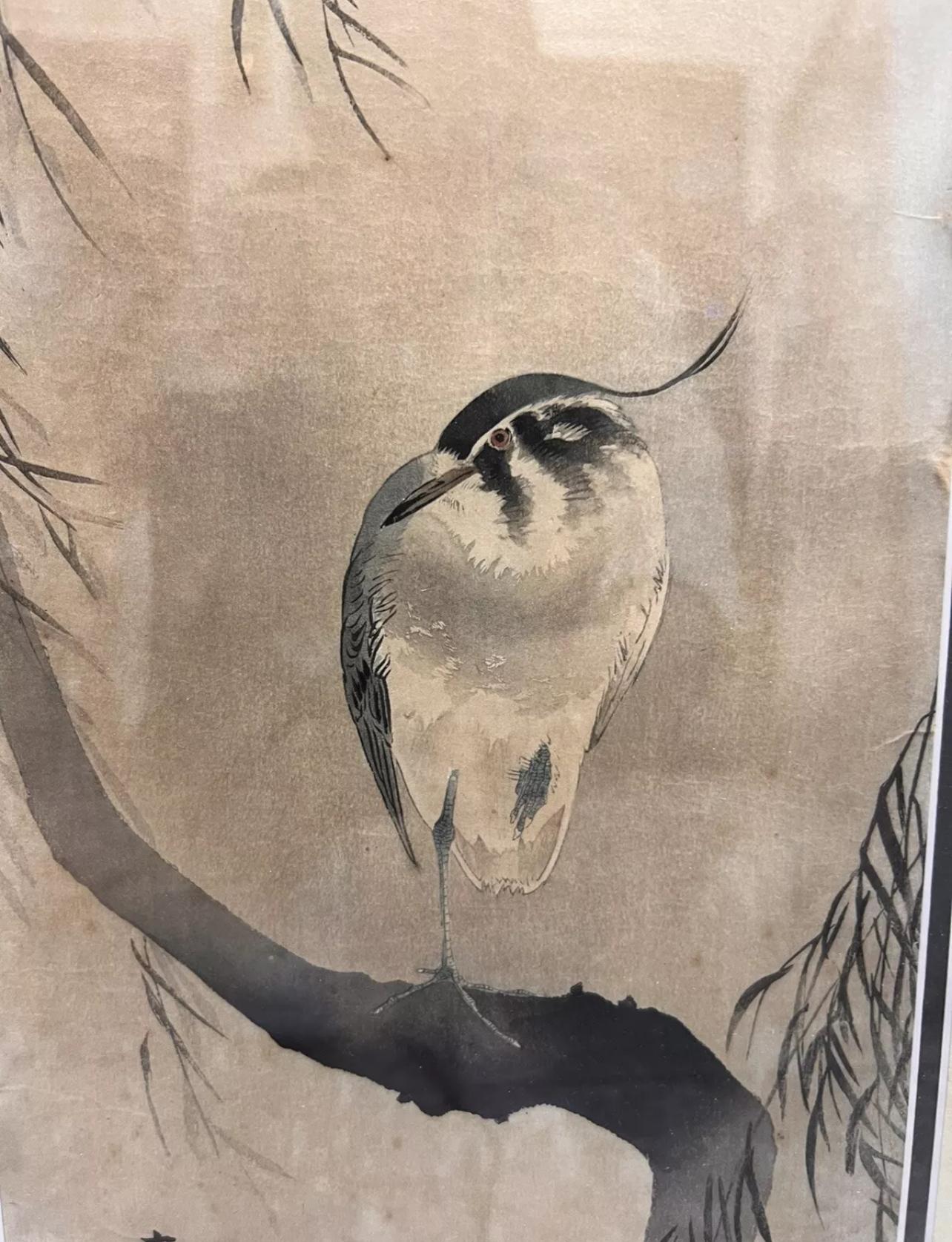 Hand-Crafted Antique Japanese genuine Woodblock print by Koson Ohara. Meiji period For Sale