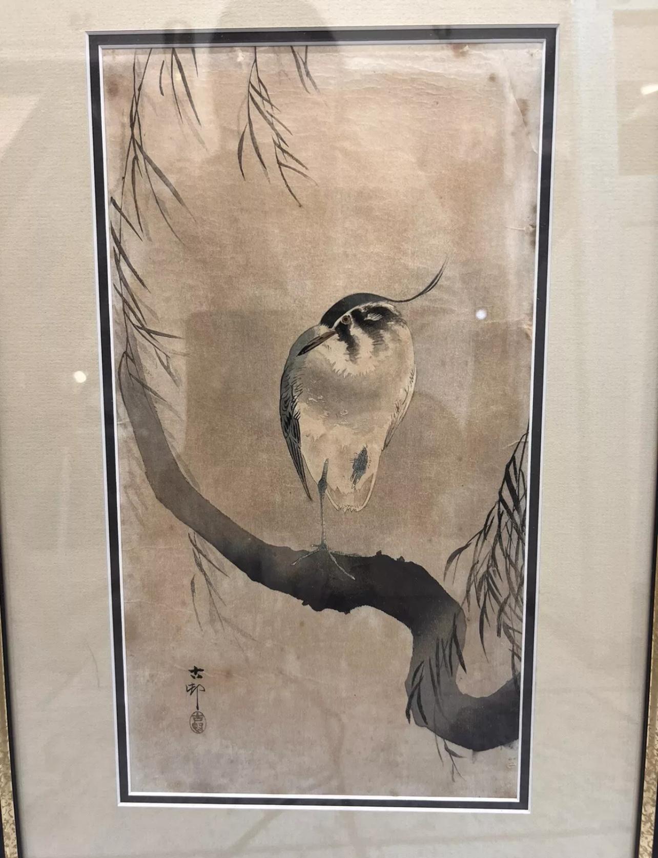 Antique Japanese genuine Woodblock print by Koson Ohara. Meiji period In Good Condition For Sale In London, GB