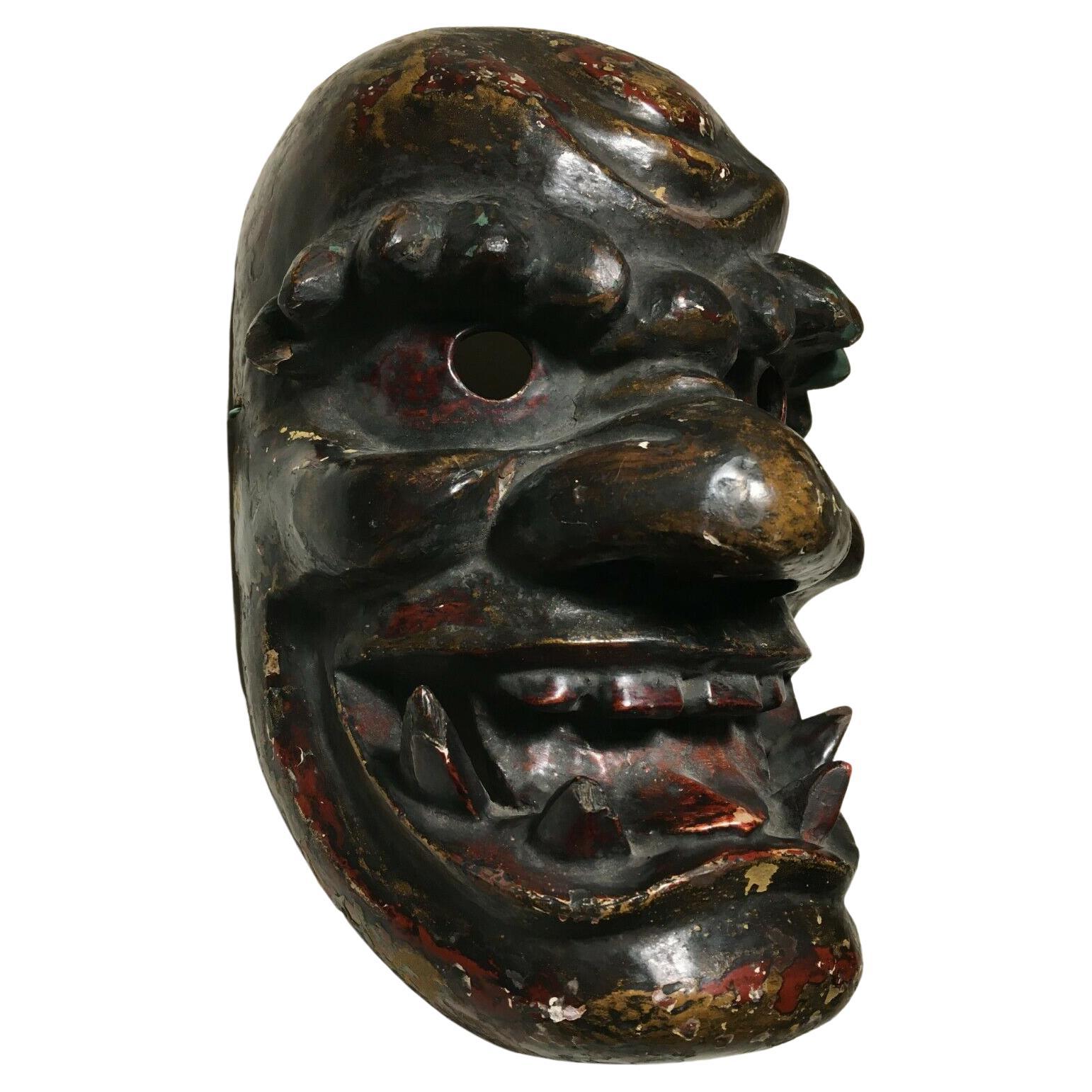 Museum quality Japanese ethnographic danced mask
Interior of the mask has rick, thick, patina attesting that its been danced many times
There are multiple layers paint (I count at least 4 under the chin) - which further confirms the ethnographic