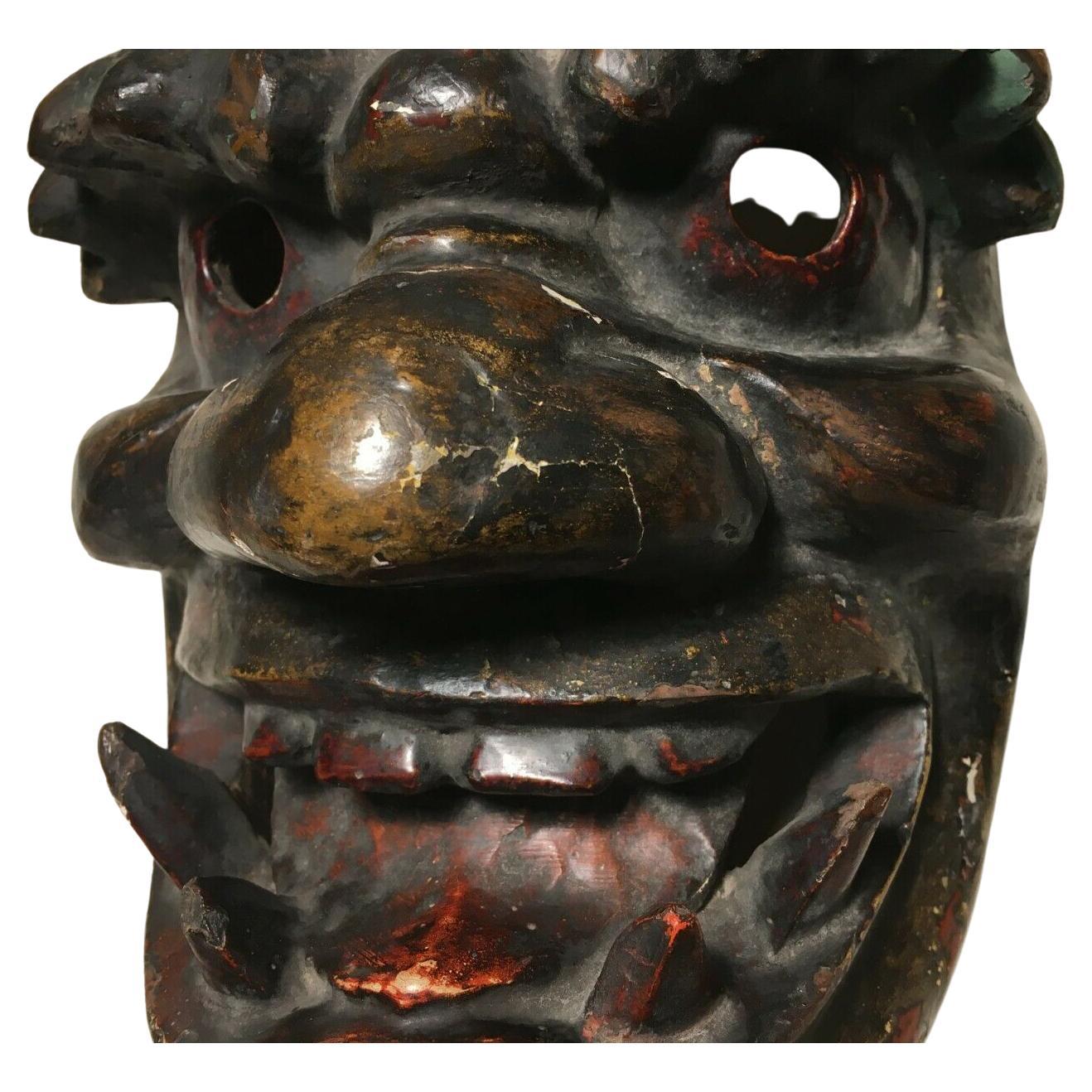 Hand-Carved Antique Japanese Gigaku Theater Mask Ethnographic Thick Patina Fierce God Kijin! For Sale