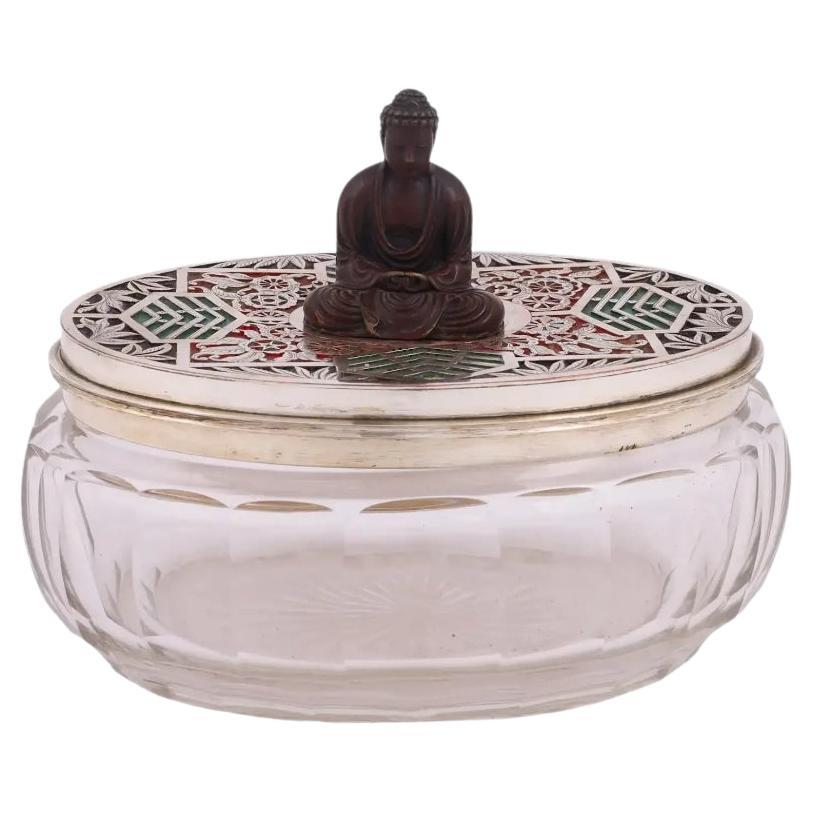 Antique Japanese Glass an Enamel Box with Buddha For Sale
