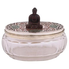 Antique Japanese Glass and Silver-Plate Enamel Box with Buddha