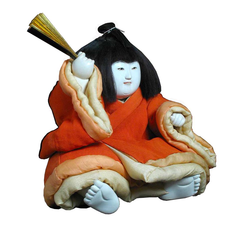 Japanese Gosho Ningyo, a palace figure of a young noble boy seated with his feet extended forward holding a gold leafed folding signal battle fan in his right hand above his head (a symbolic wish for strength and leadership), costumed in a orange