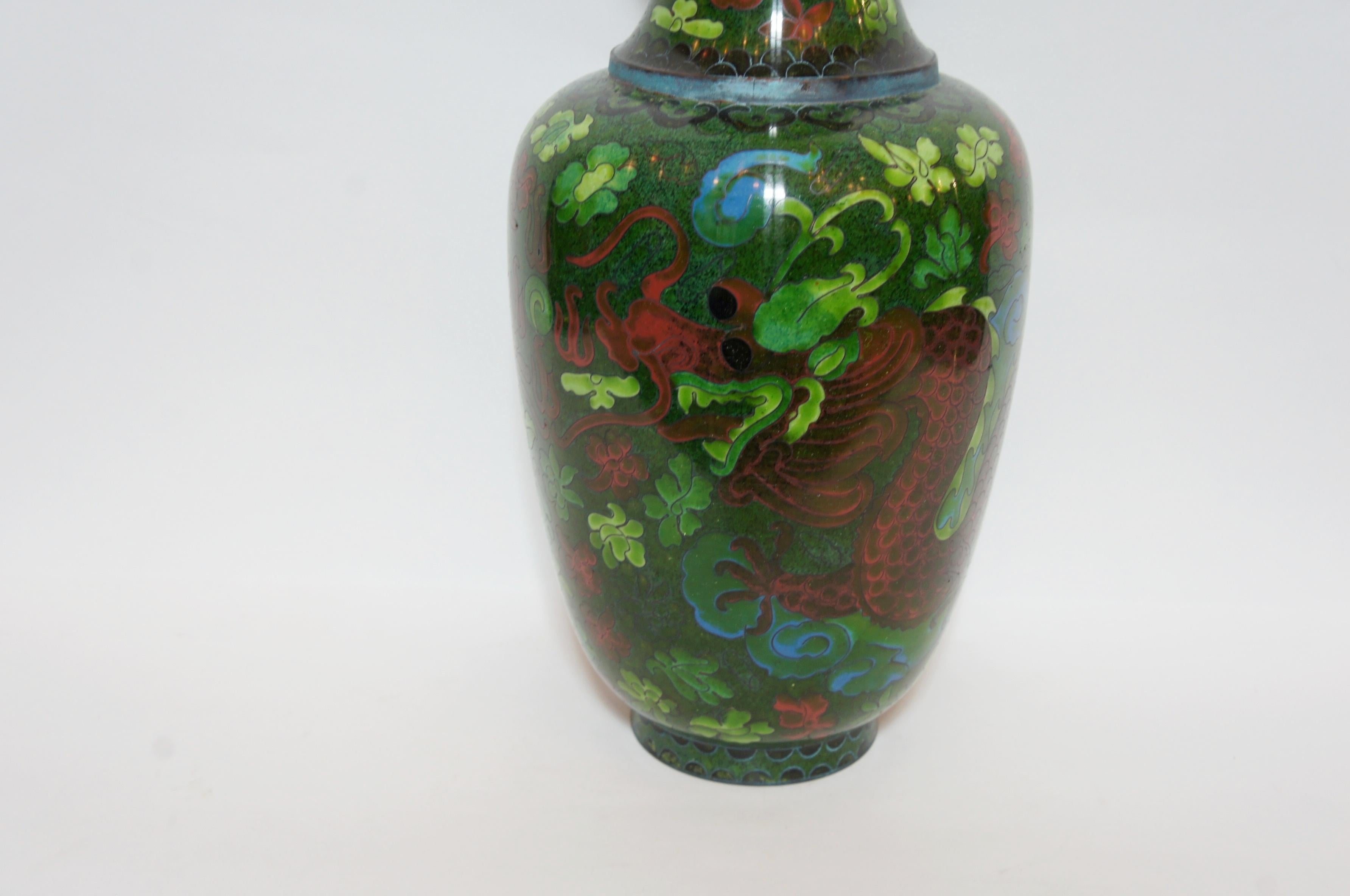 Cloissoné Antique Japanese Green Flower Vase with Copper in Edo Era, 1860s For Sale