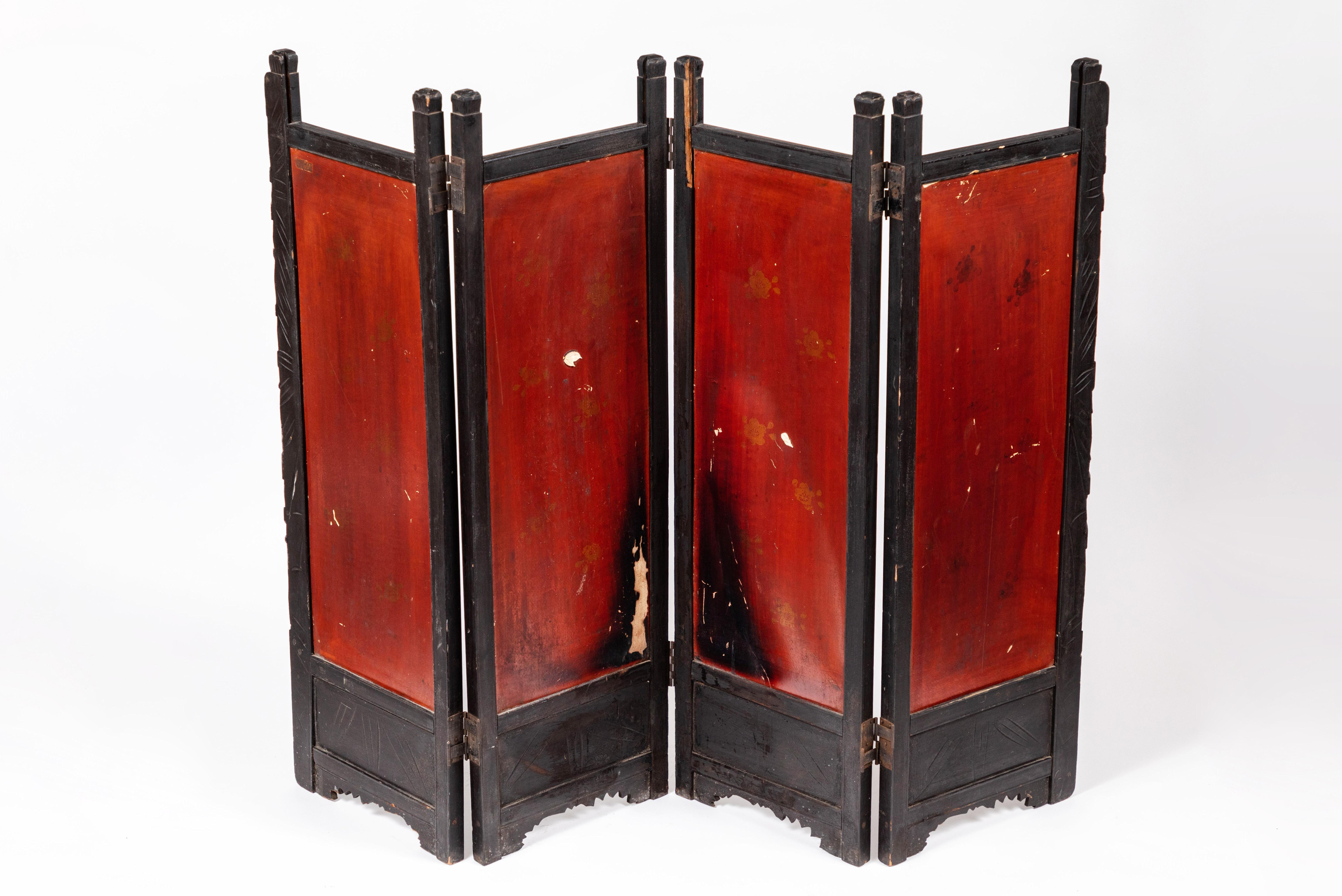 Antique Japanese Hand Carved, Black Lacquer Table Top 4-Panel Folding Screen For Sale 2
