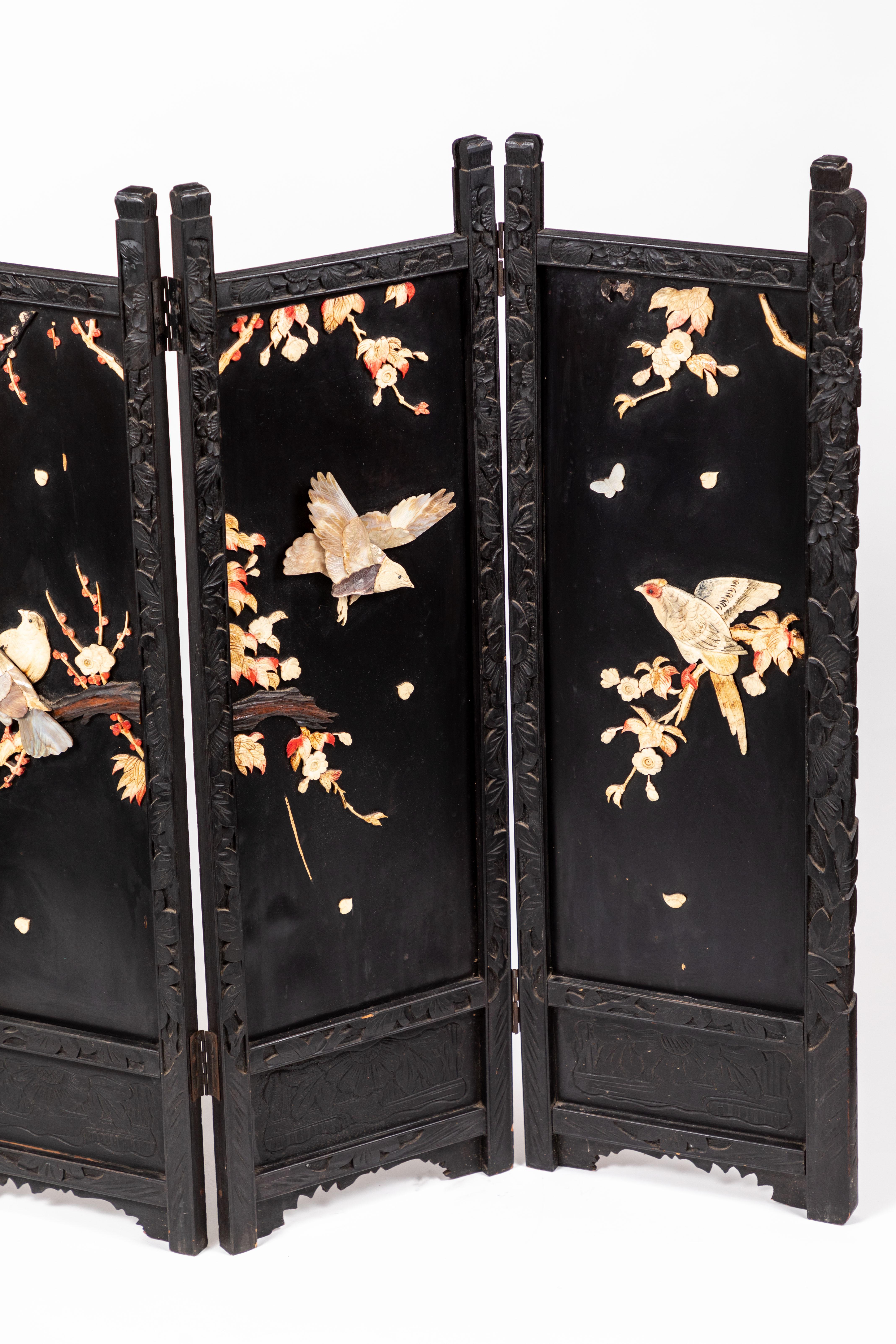 Lacquered Antique Japanese Hand Carved, Black Lacquer Table Top 4-Panel Folding Screen For Sale