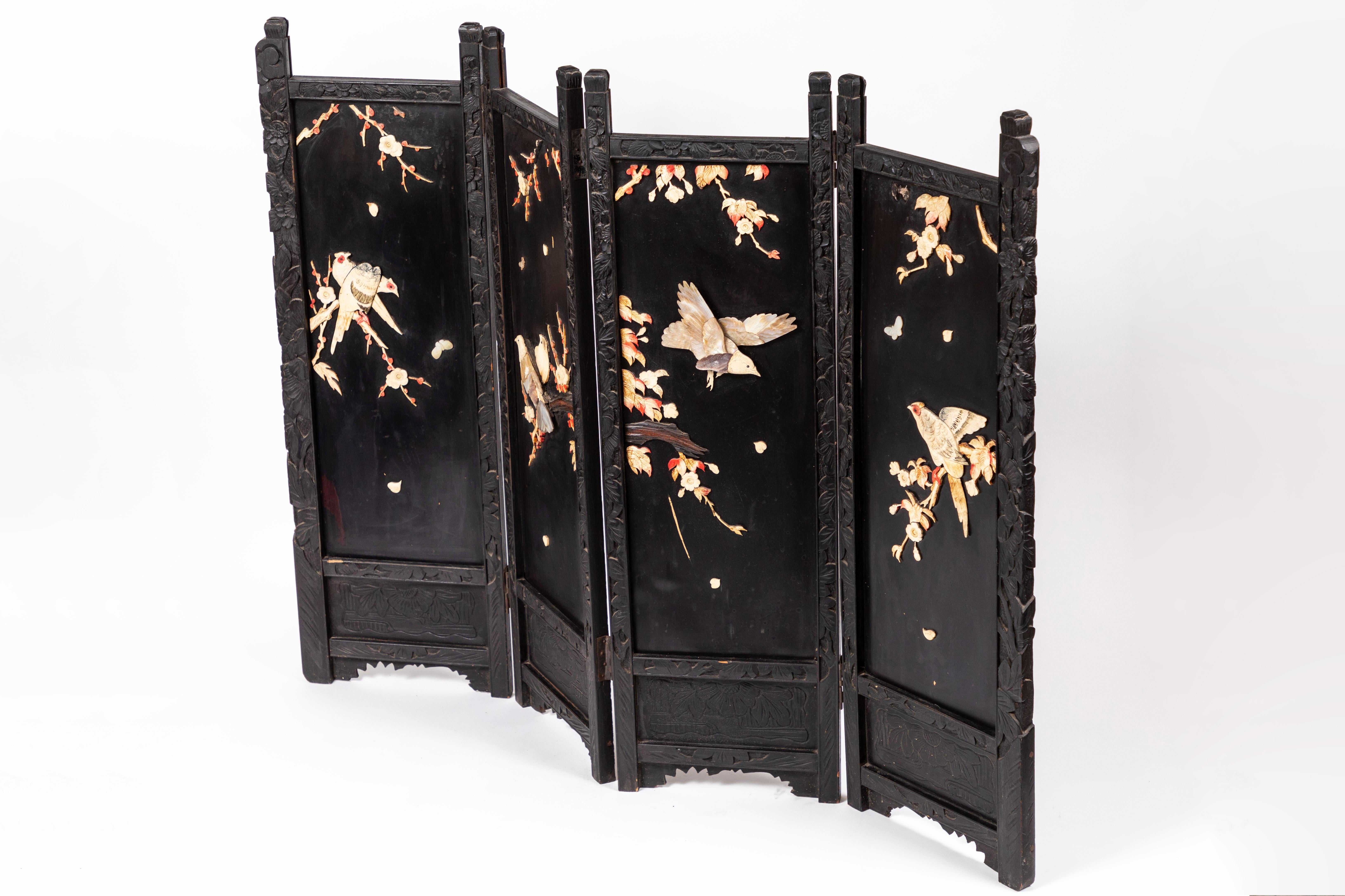 Antique Japanese Hand Carved, Black Lacquer Table Top 4-Panel Folding Screen In Good Condition For Sale In Pasadena, CA