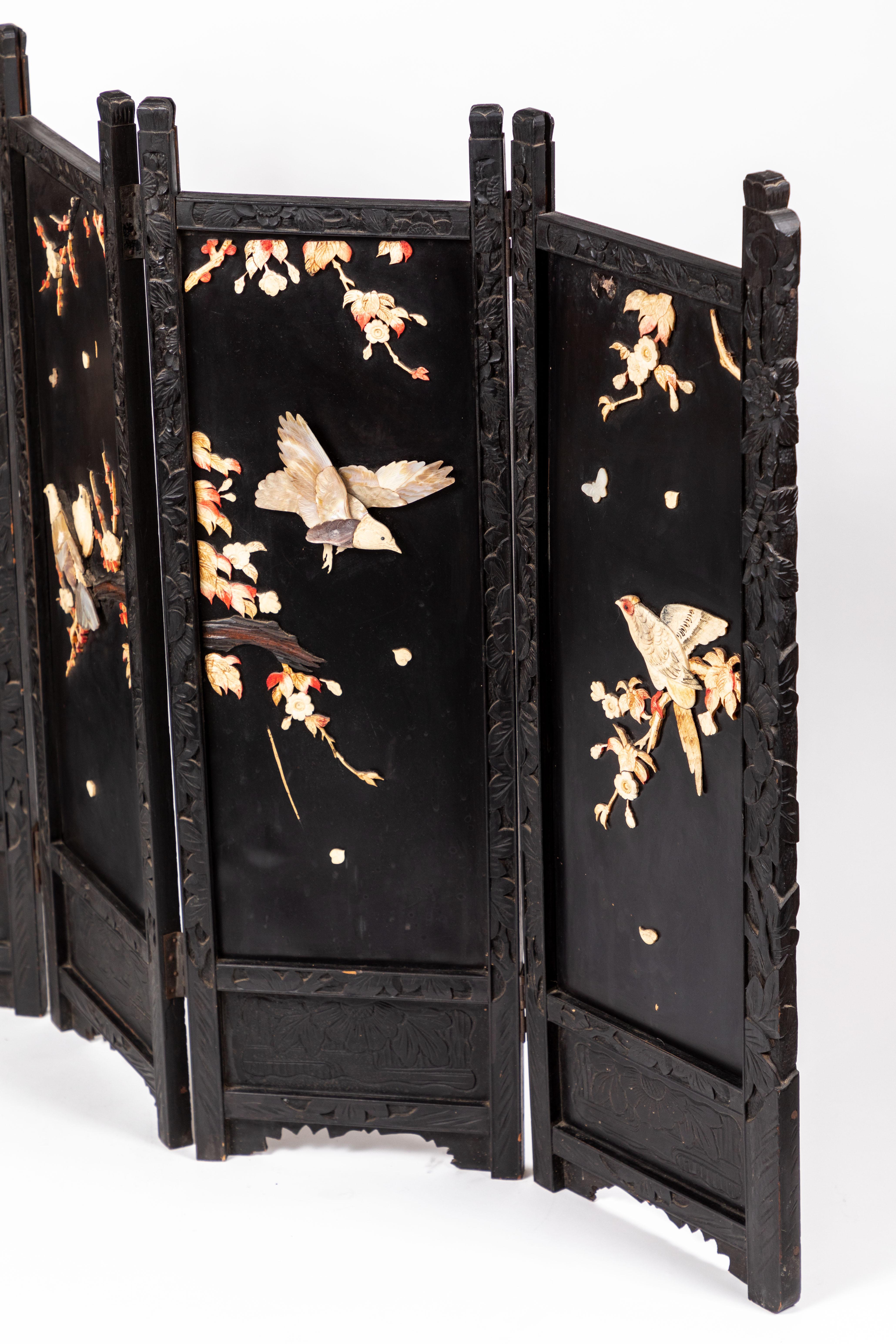 20th Century Antique Japanese Hand Carved, Black Lacquer Table Top 4-Panel Folding Screen For Sale
