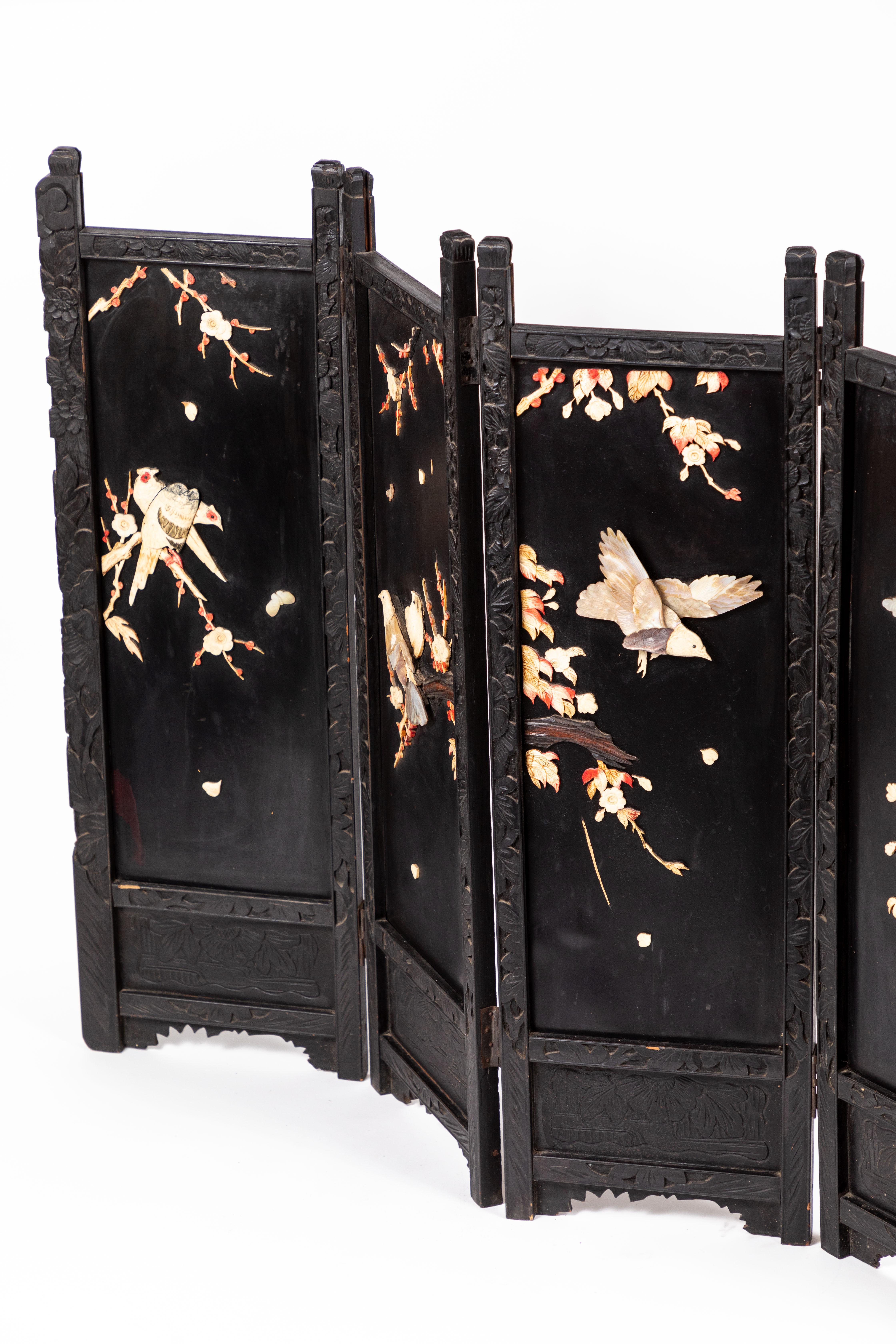 Bone Antique Japanese Hand Carved, Black Lacquer Table Top 4-Panel Folding Screen For Sale