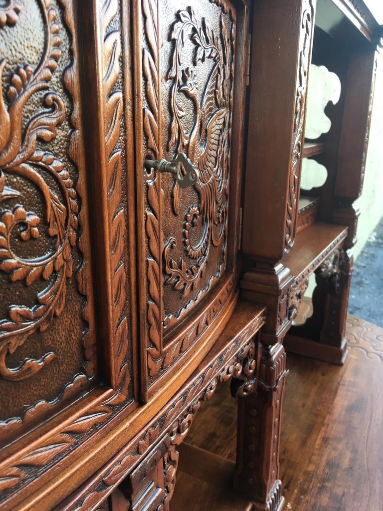 Antique Japanese Hand Carved Elmwood Sideboard, Meiji, 20th