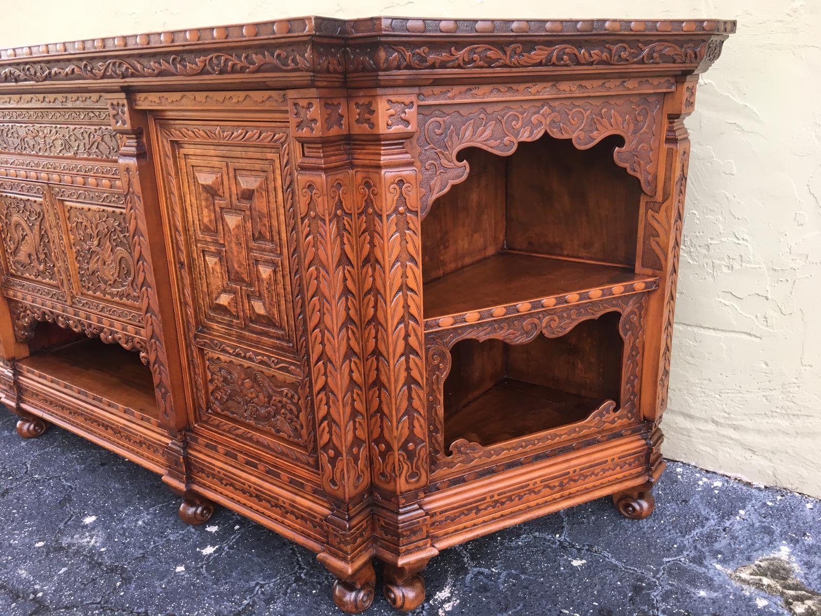 Fruitwood Antique Japanese Hand Carved Elmwood Cabinet, Sideboard, Meiji, 20th Century For Sale