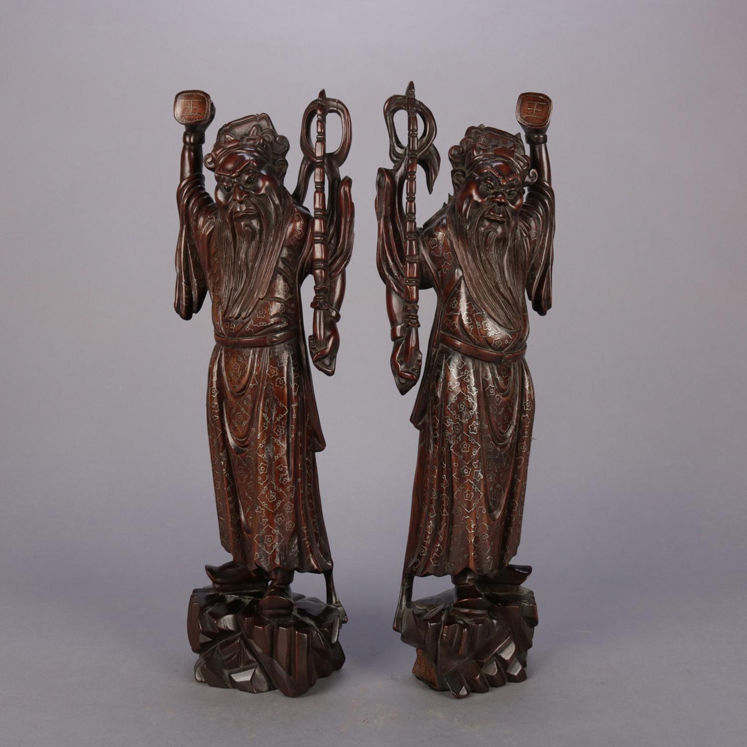 Hand-Carved Antique Japanese Hand Carved Hardwood Figures with Cloud Band Metalwork