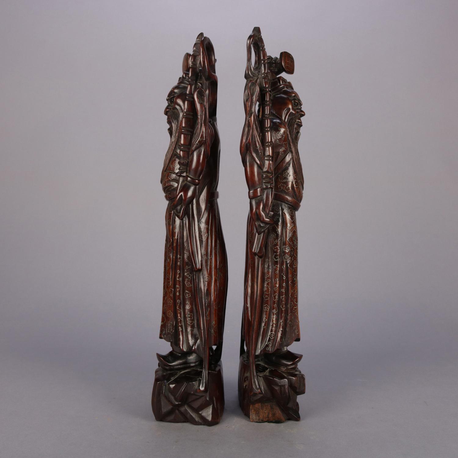 Antique Japanese Hand Carved Hardwood Figures with Cloud Band Metalwork In Good Condition In Big Flats, NY