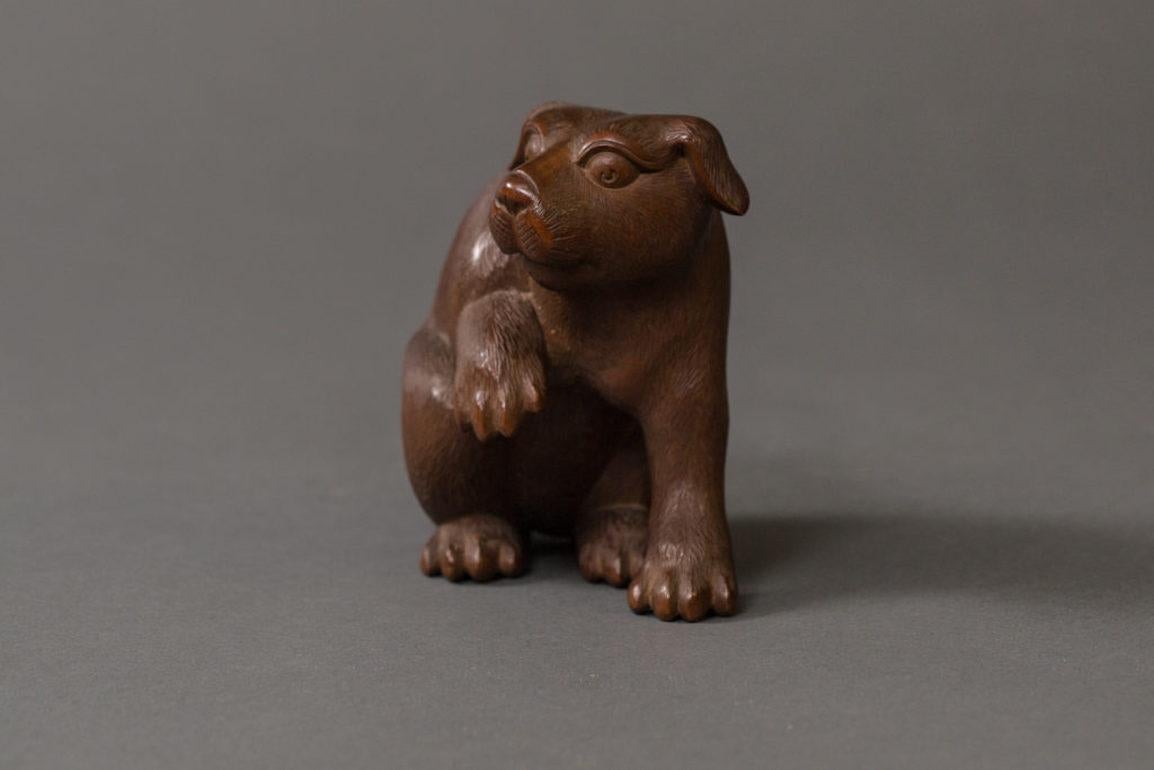 Wood Antique Japanese Hand Carved Puppy For Sale