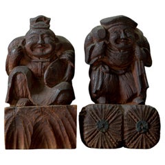 Antique Japanese hand carved wooden figurines, Ebisu & Daikoku. wabi sabi mingei