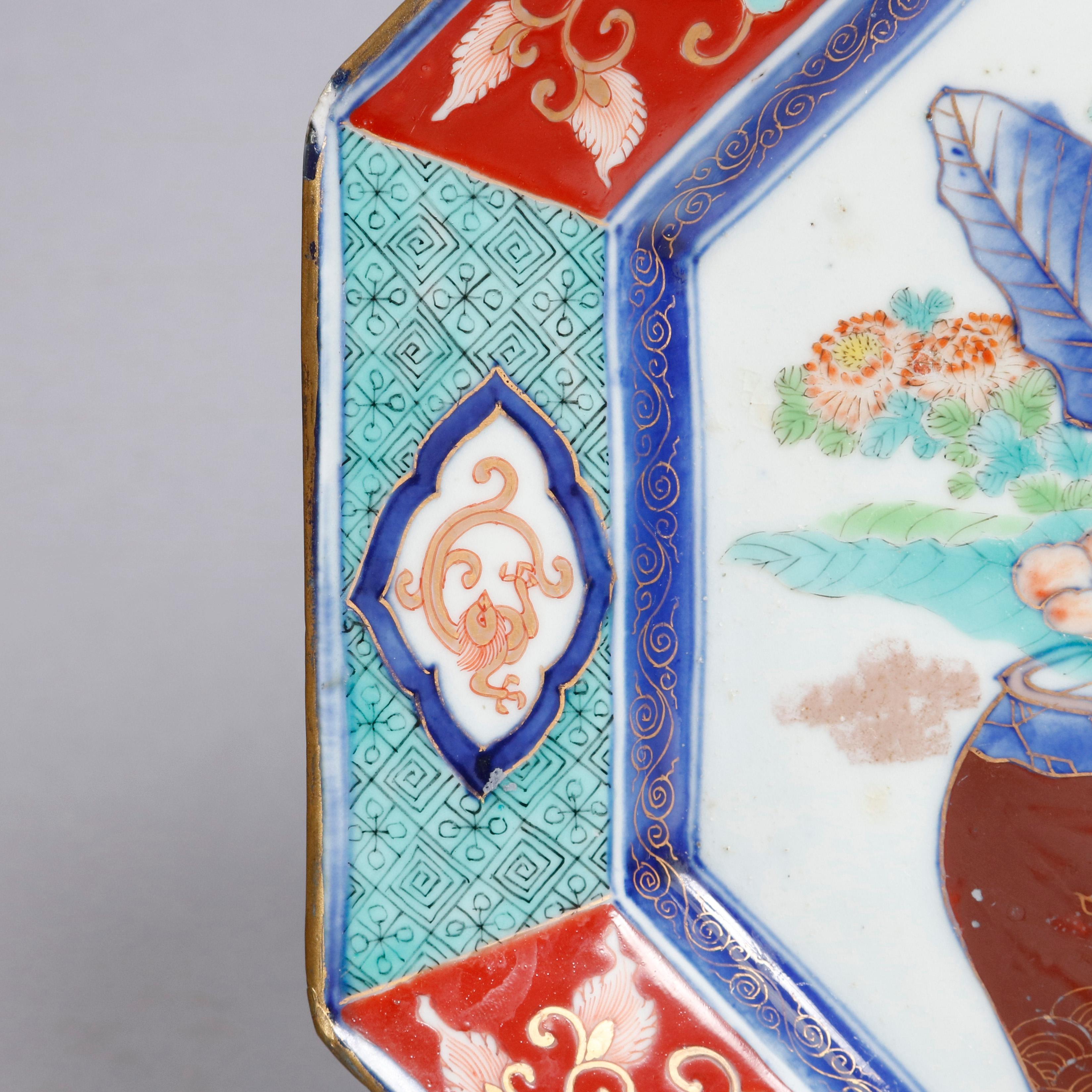 20th Century Antique Japanese Hand Enameled Octagonal Porcelain Charger, circa 1900