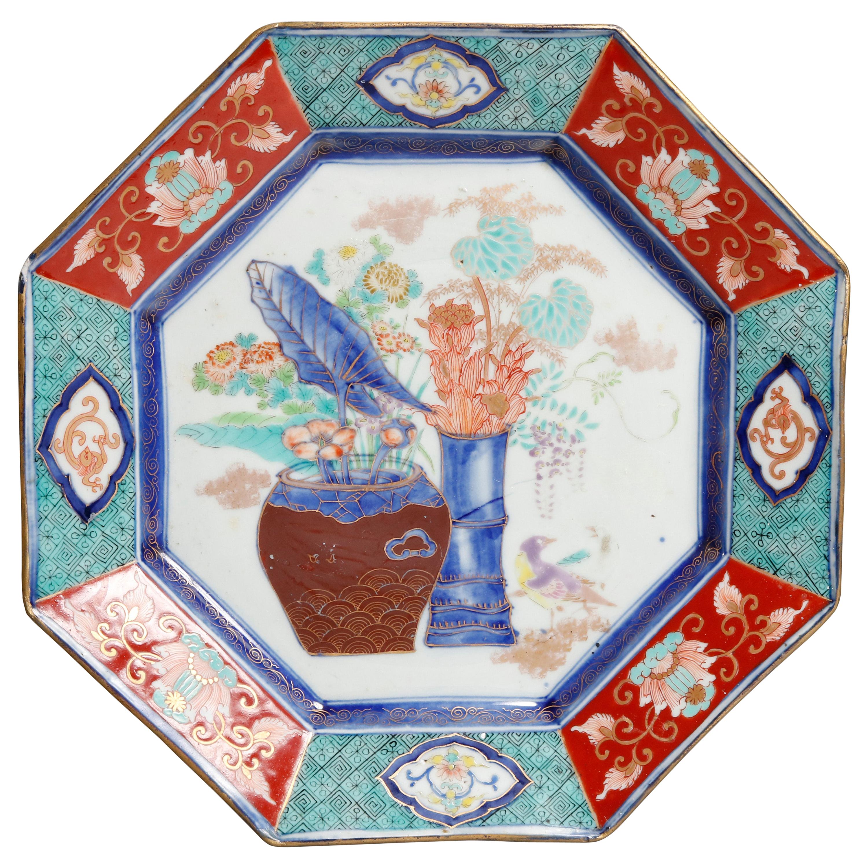 Antique Japanese Hand Enameled Octagonal Porcelain Charger, circa 1900