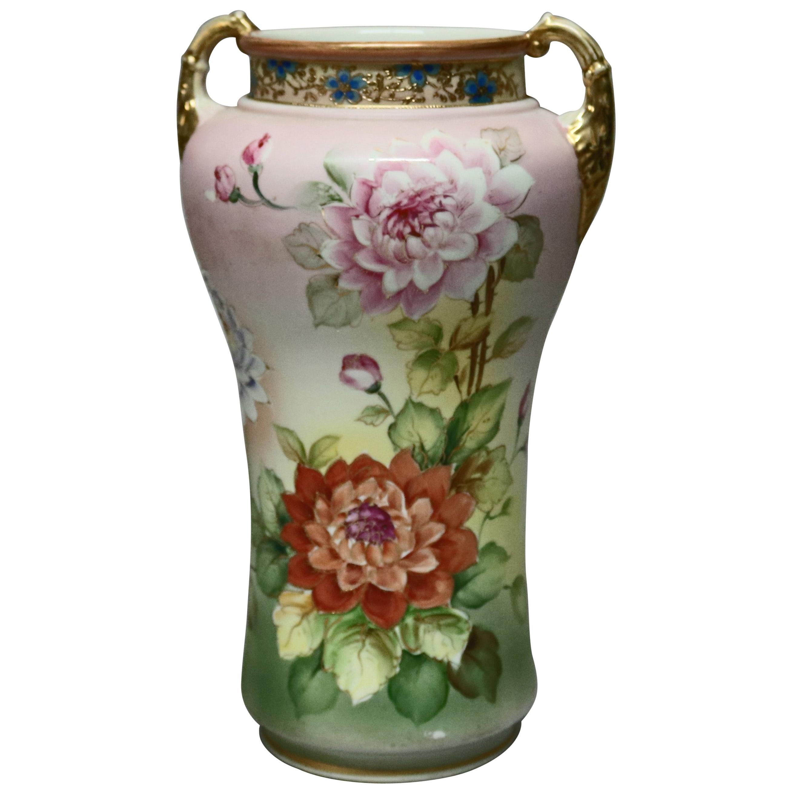 Antique Japanese Hand Painted and Gilt Floral Nippon Porcelain Vase, circa 1930