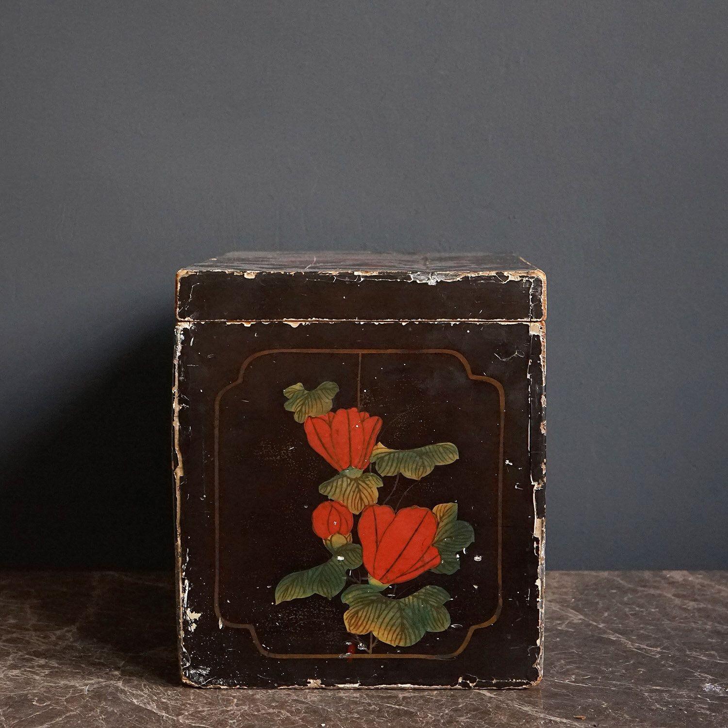 Wood Antique Japanese Hand Painted Lacquered Box, Early 20th Century