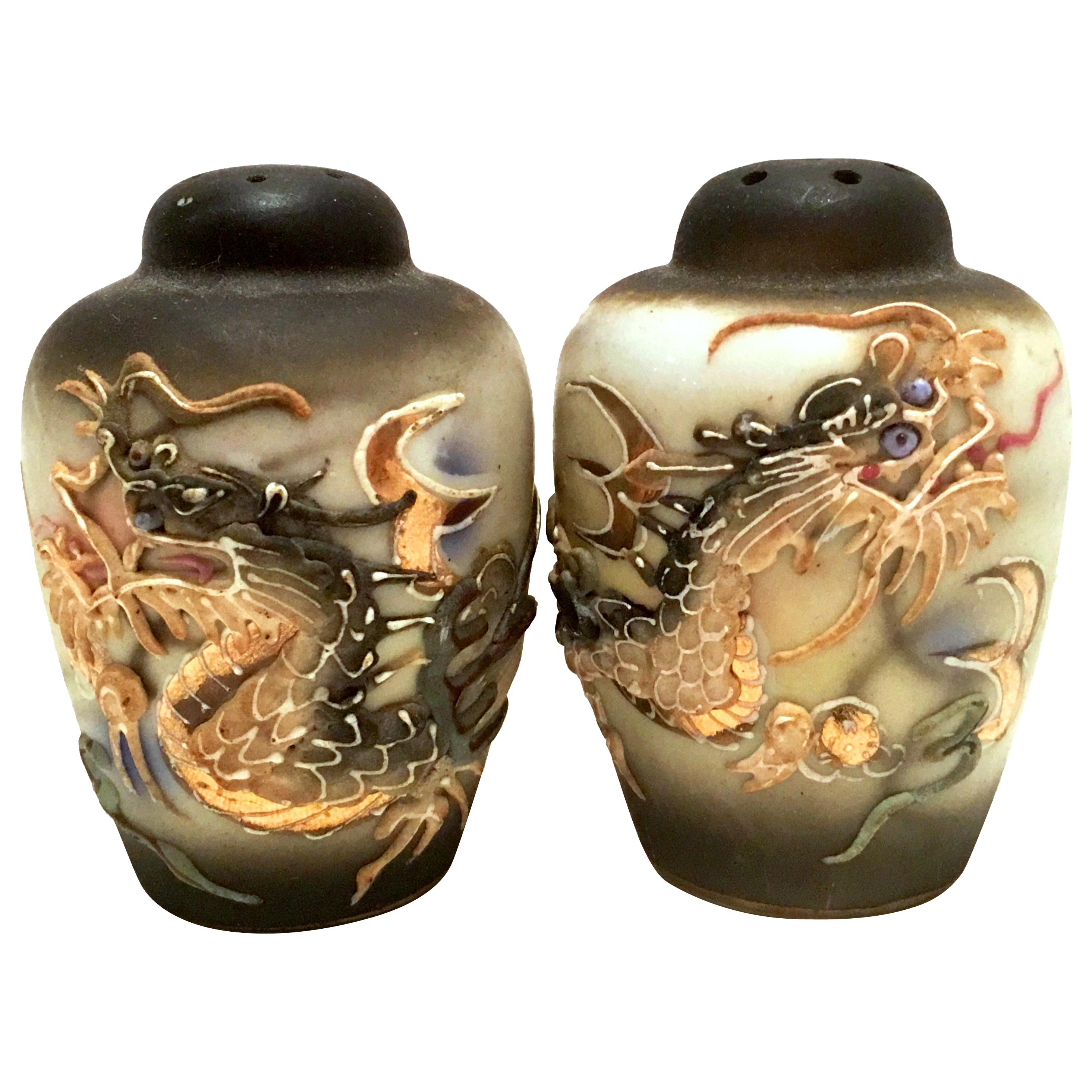 Antique Japanese Hand Painted Porcelain Dragon Ware Salt and Pepper Shaker S/2