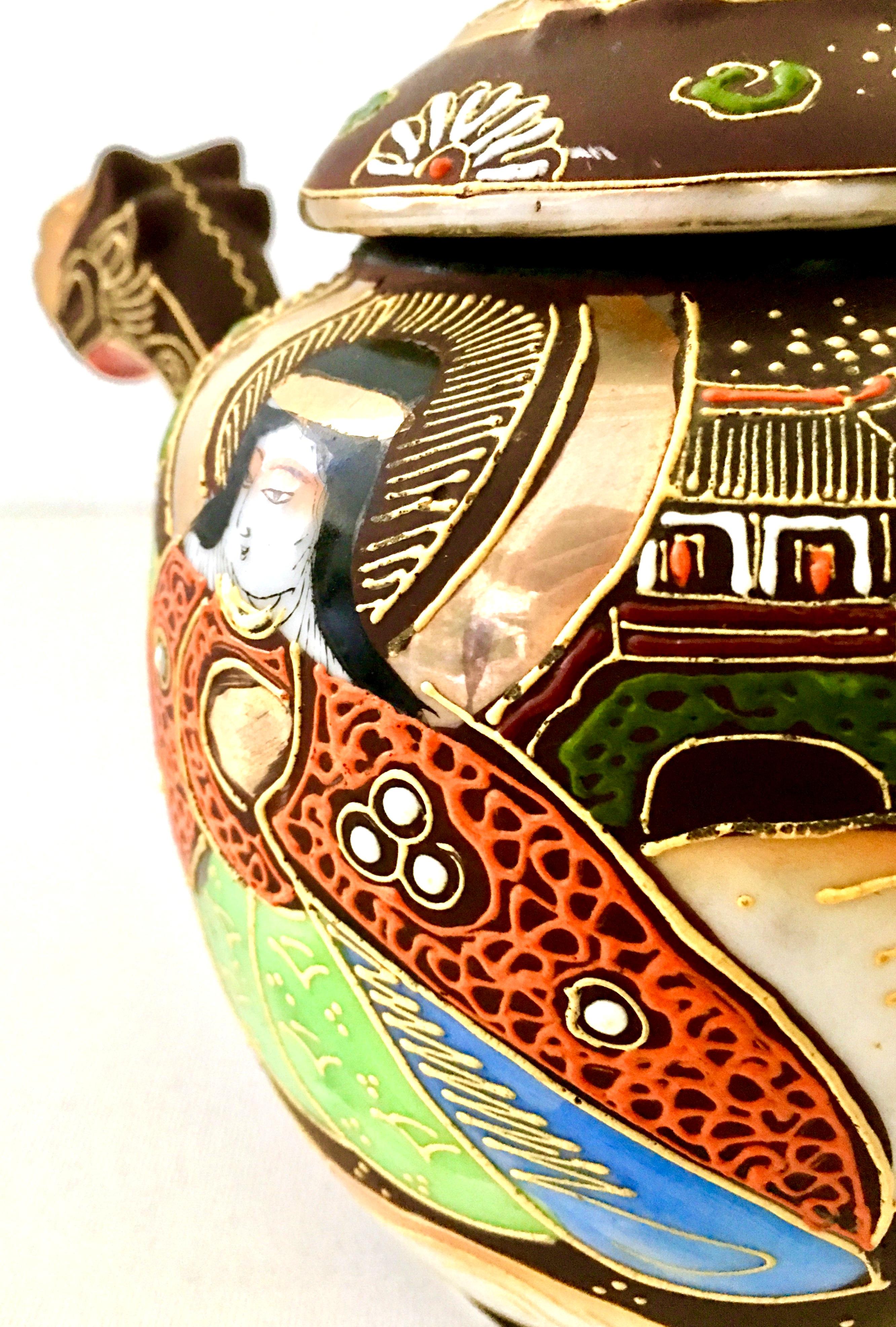 Antique Japanese Hand-Painted Porcelain Satsuma Moriage Dragon Tea Pot 3