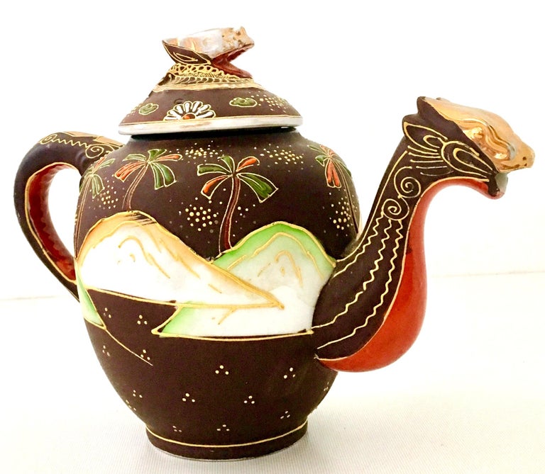 Antique Japanese HandPainted Porcelain Satsuma Moriage Dragon Tea Pot