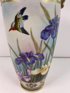 Antique Japanese Hand-Painted Porcelain Vase with Birds & Iris Flowers