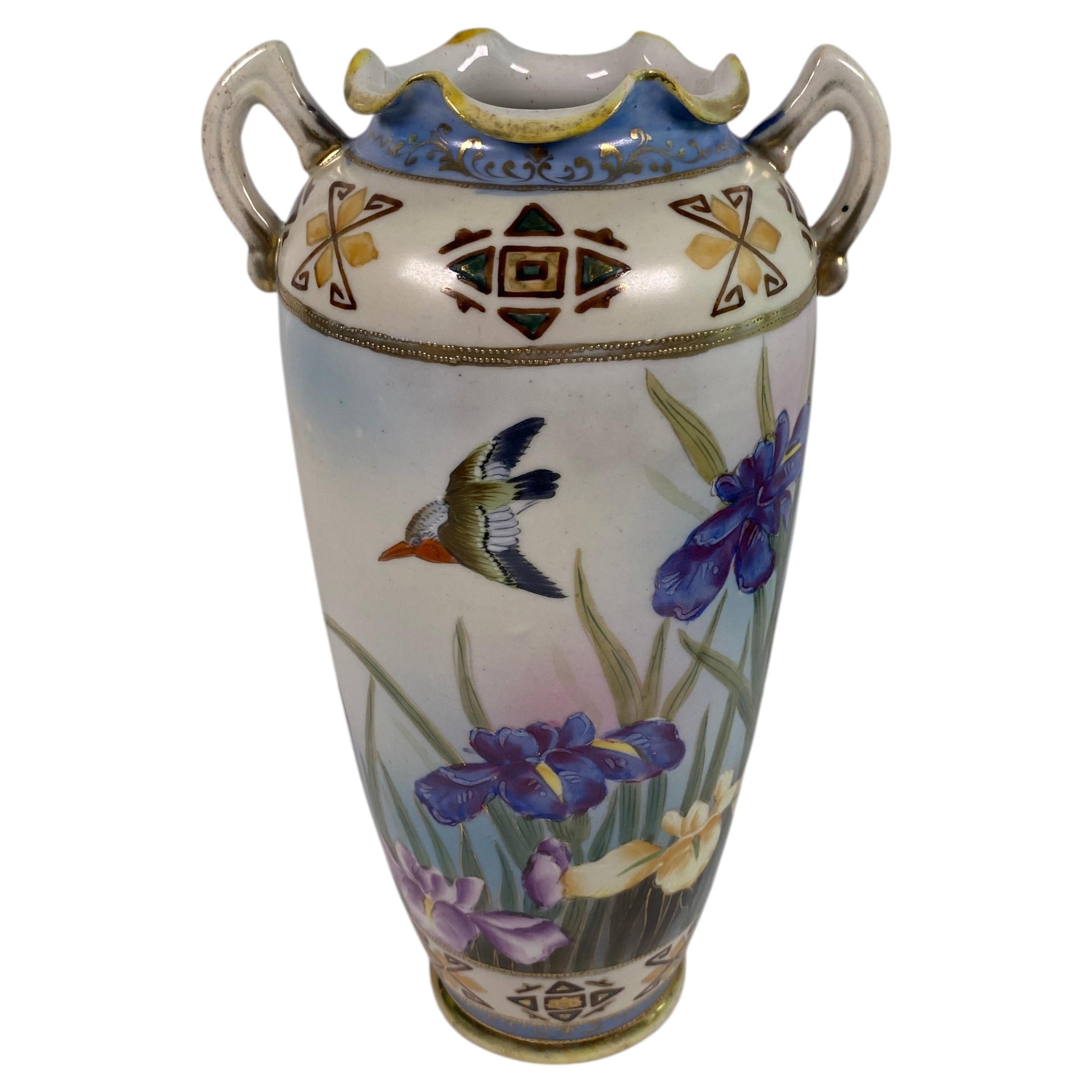 Antique Japanese Hand-Painted Porcelain Vase with Birds & Iris Flowers