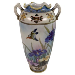 Antique Japanese Hand-Painted Porcelain Vase with Birds & Iris Flowers