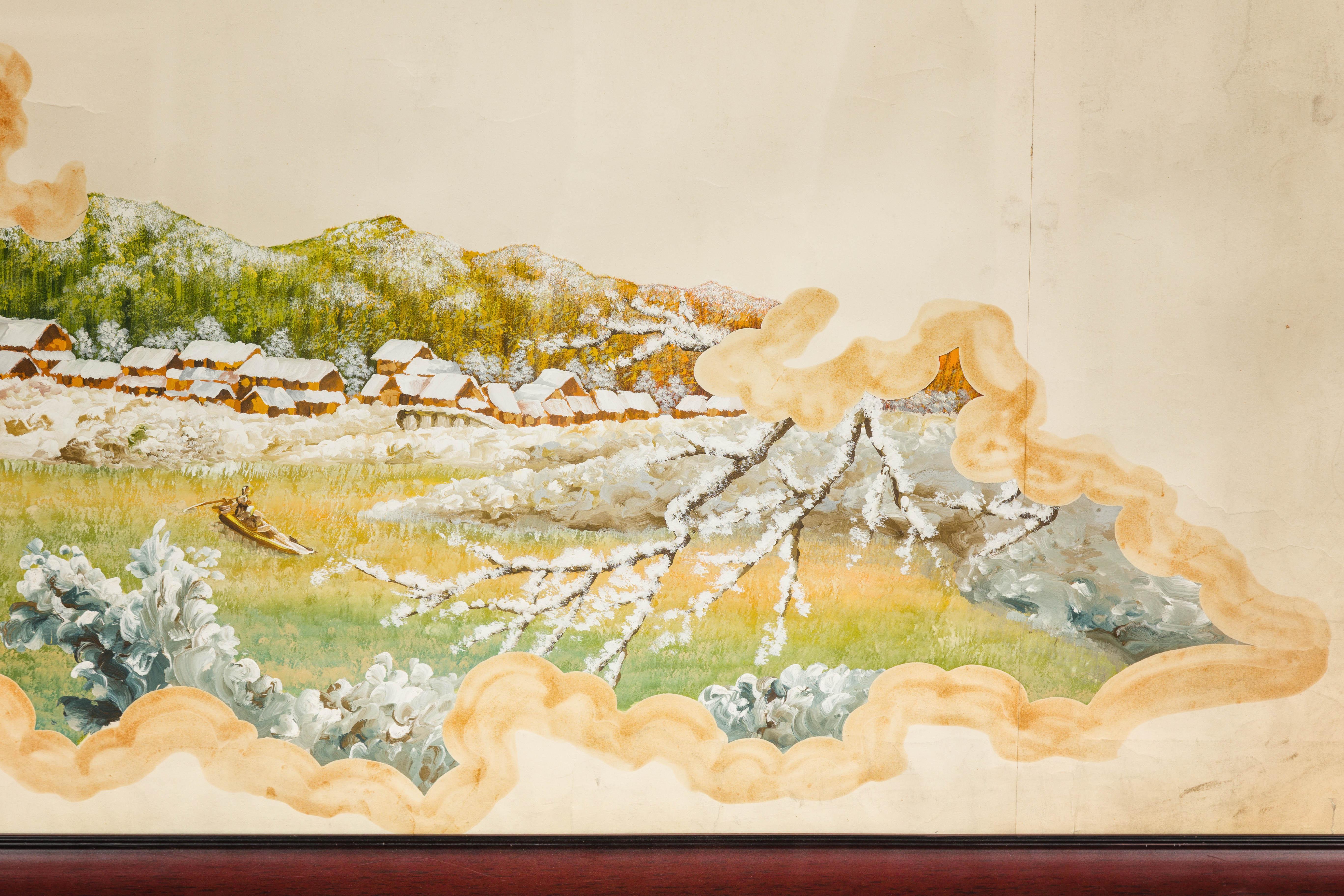 Ancienne scène de paysage de village japonais peinte à la main sur papier dans un cadre personnalisé en vente 3