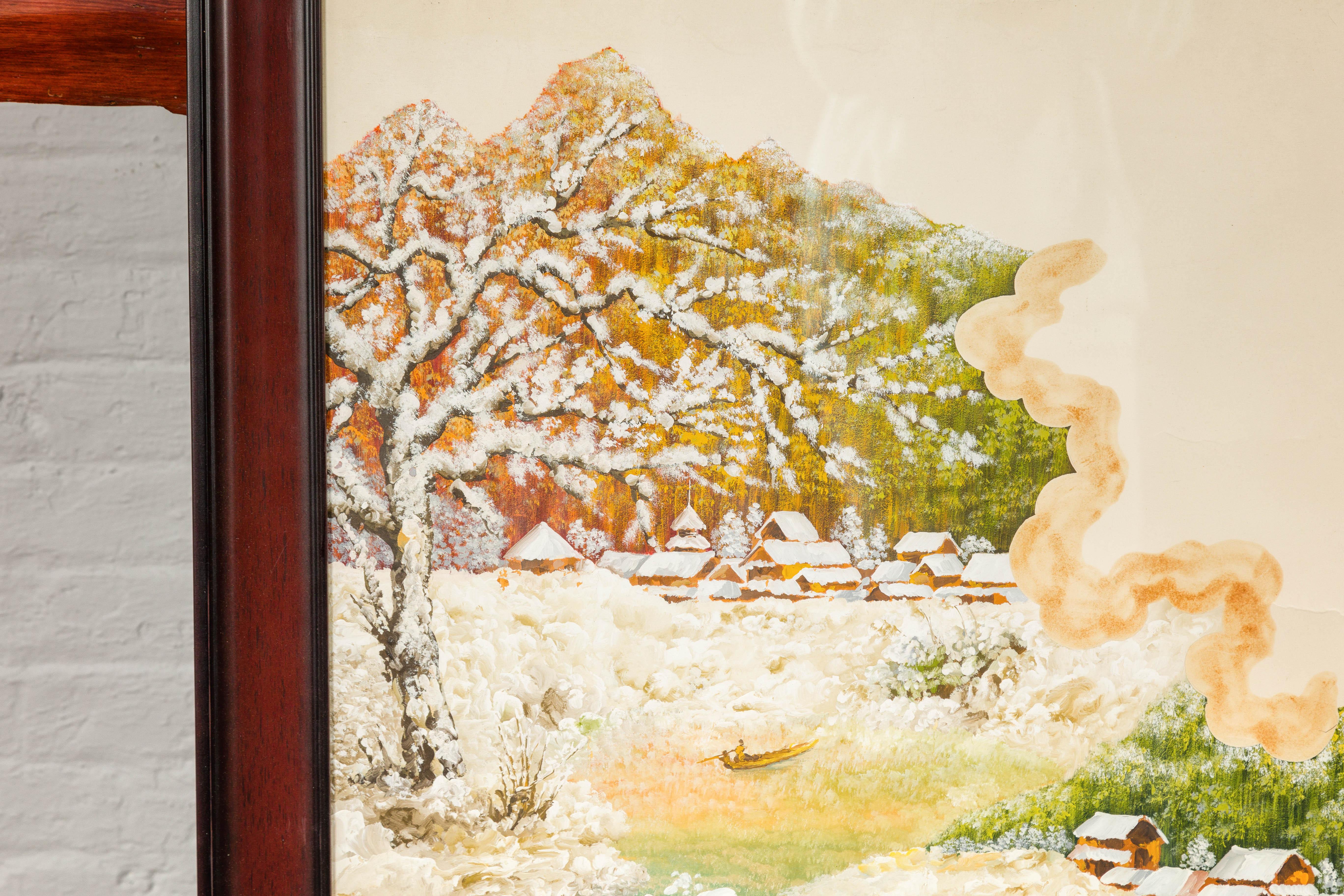 Antique Japanese Hand-Painted Village Landscape Scene on Paper in Custom Frame For Sale 6