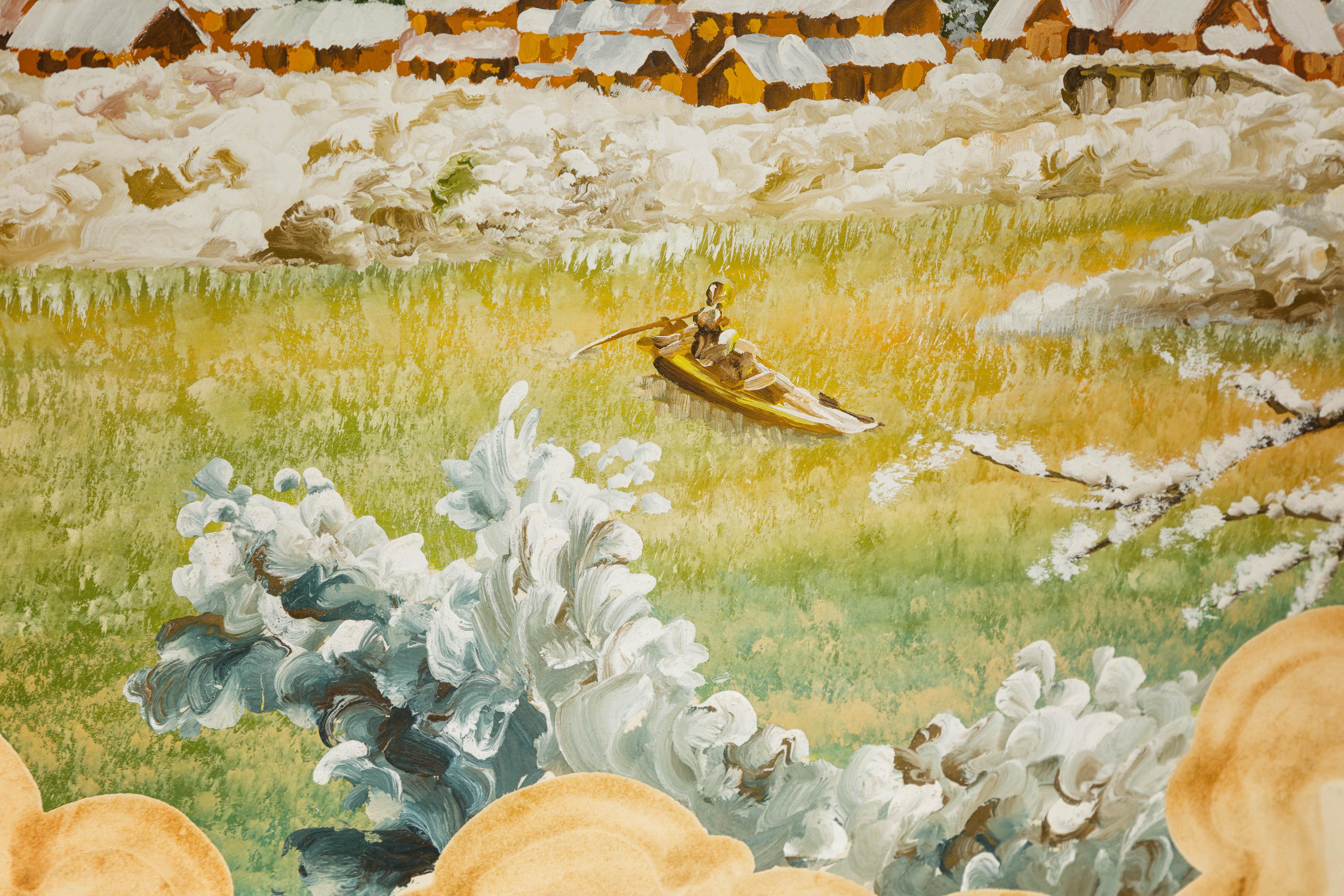 Ancienne scène de paysage de village japonais peinte à la main sur papier dans un cadre personnalisé en vente 6