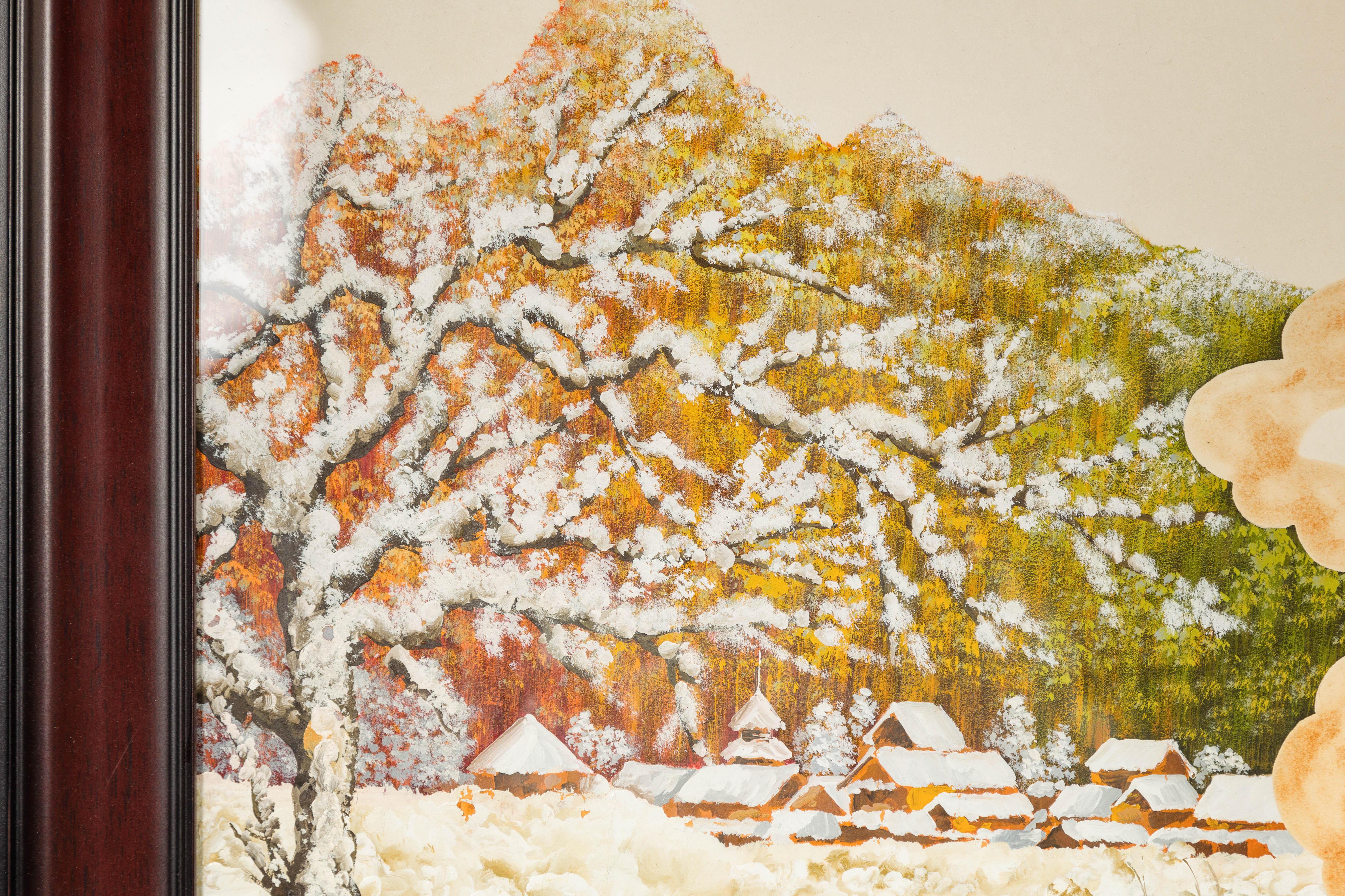 Ancienne scène de paysage de village japonais peinte à la main sur papier dans un cadre personnalisé en vente 7