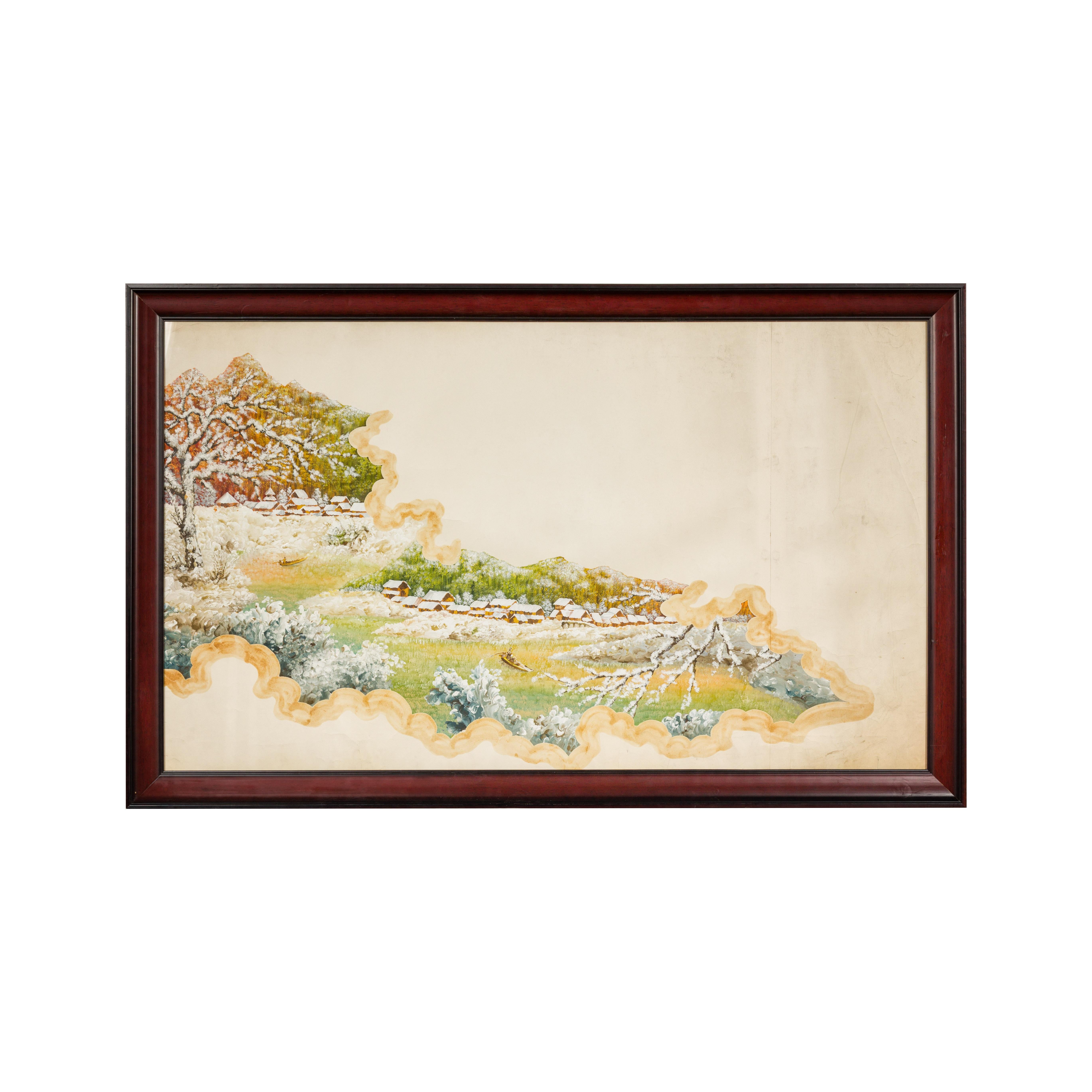 A large antique Japanese hand-painted village landscape scene set in custom frame under glass. This large antique Japanese village landscape painting captures the tranquil beauty of a snowy village enveloped by lush vegetation, evoking a sense of