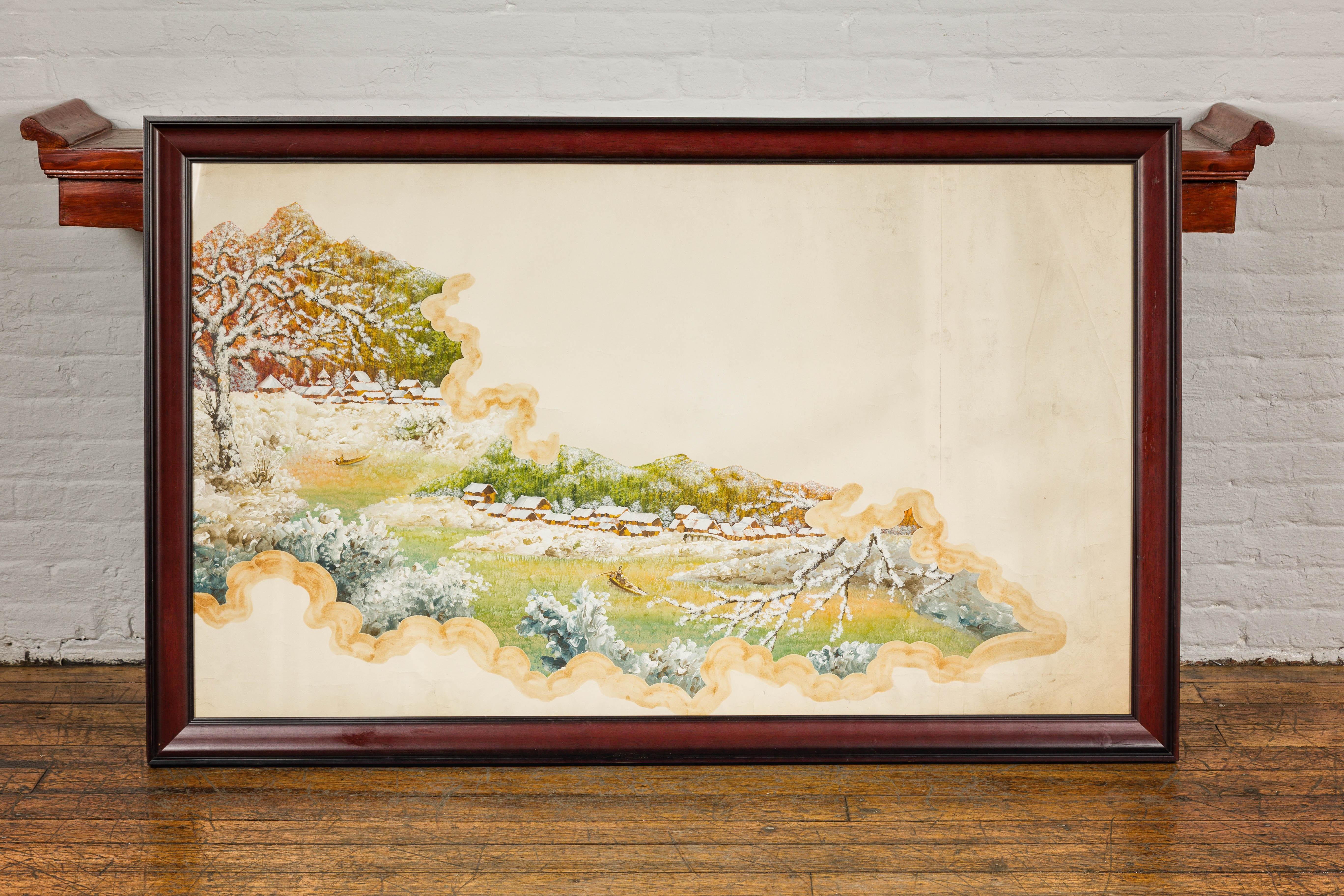 Antique Japanese Hand-Painted Village Landscape Scene on Paper in Custom Frame In Good Condition For Sale In Yonkers, NY