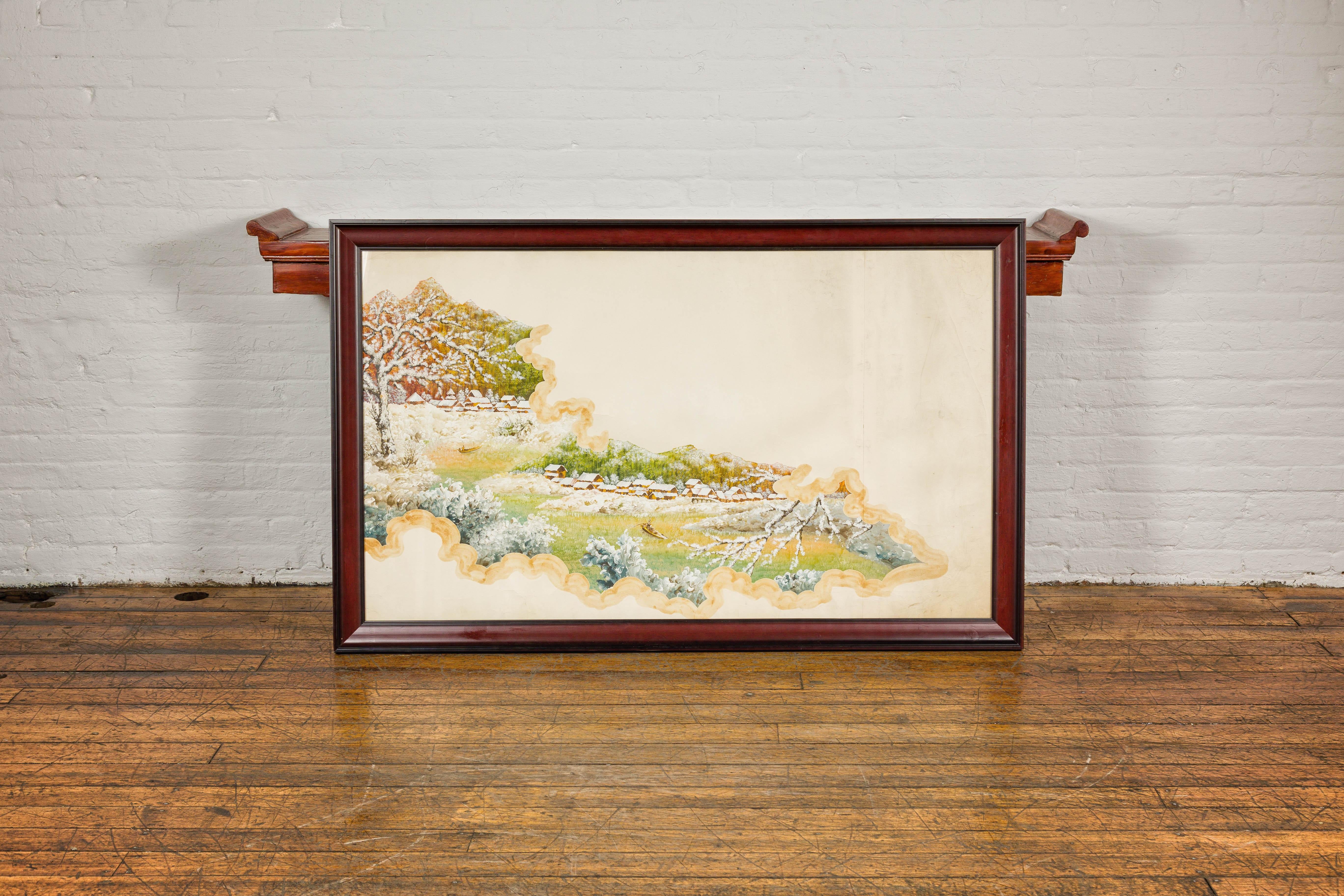 20th Century Antique Japanese Hand-Painted Village Landscape Scene on Paper in Custom Frame For Sale