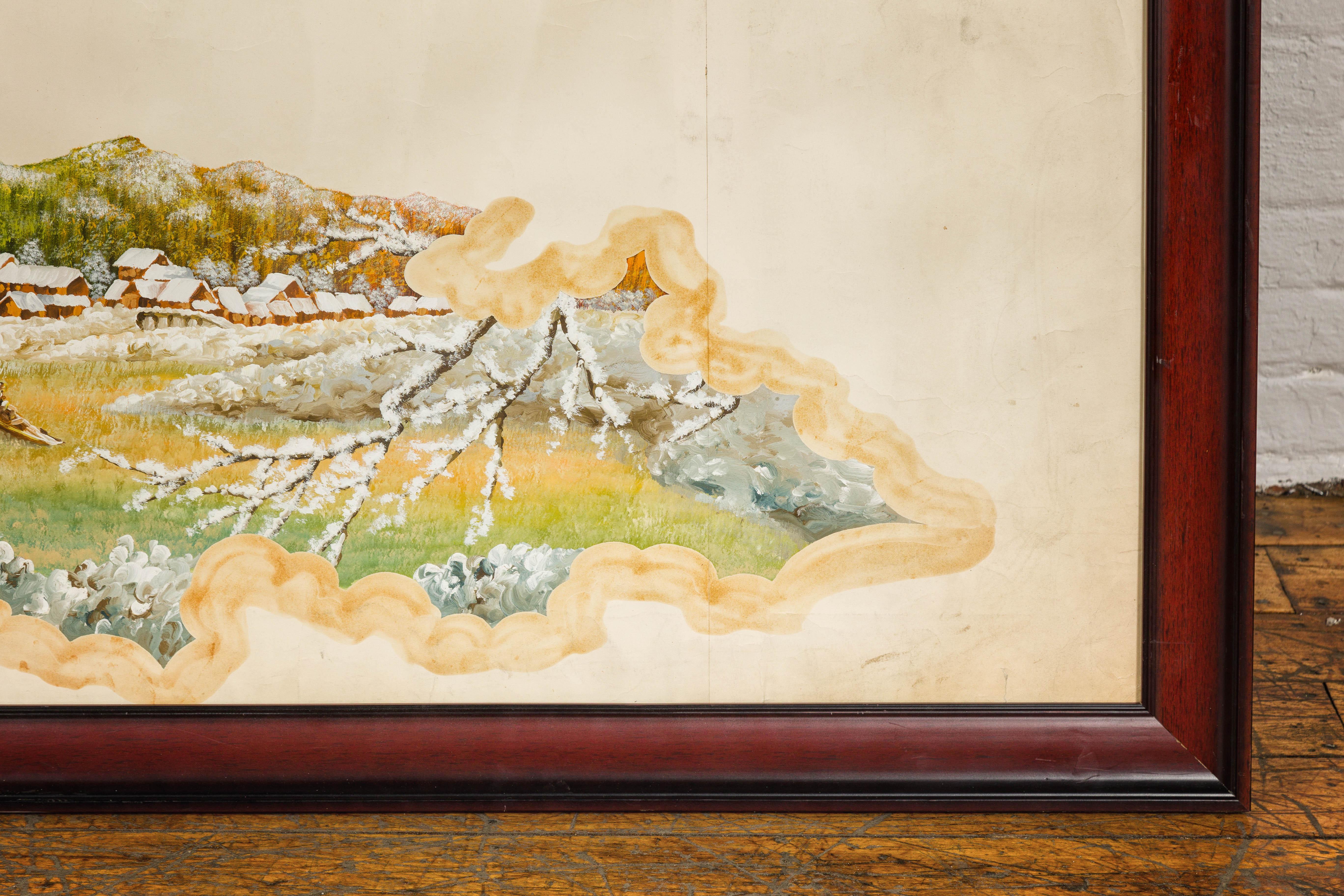 Antique Japanese Hand-Painted Village Landscape Scene on Paper in Custom Frame For Sale 2