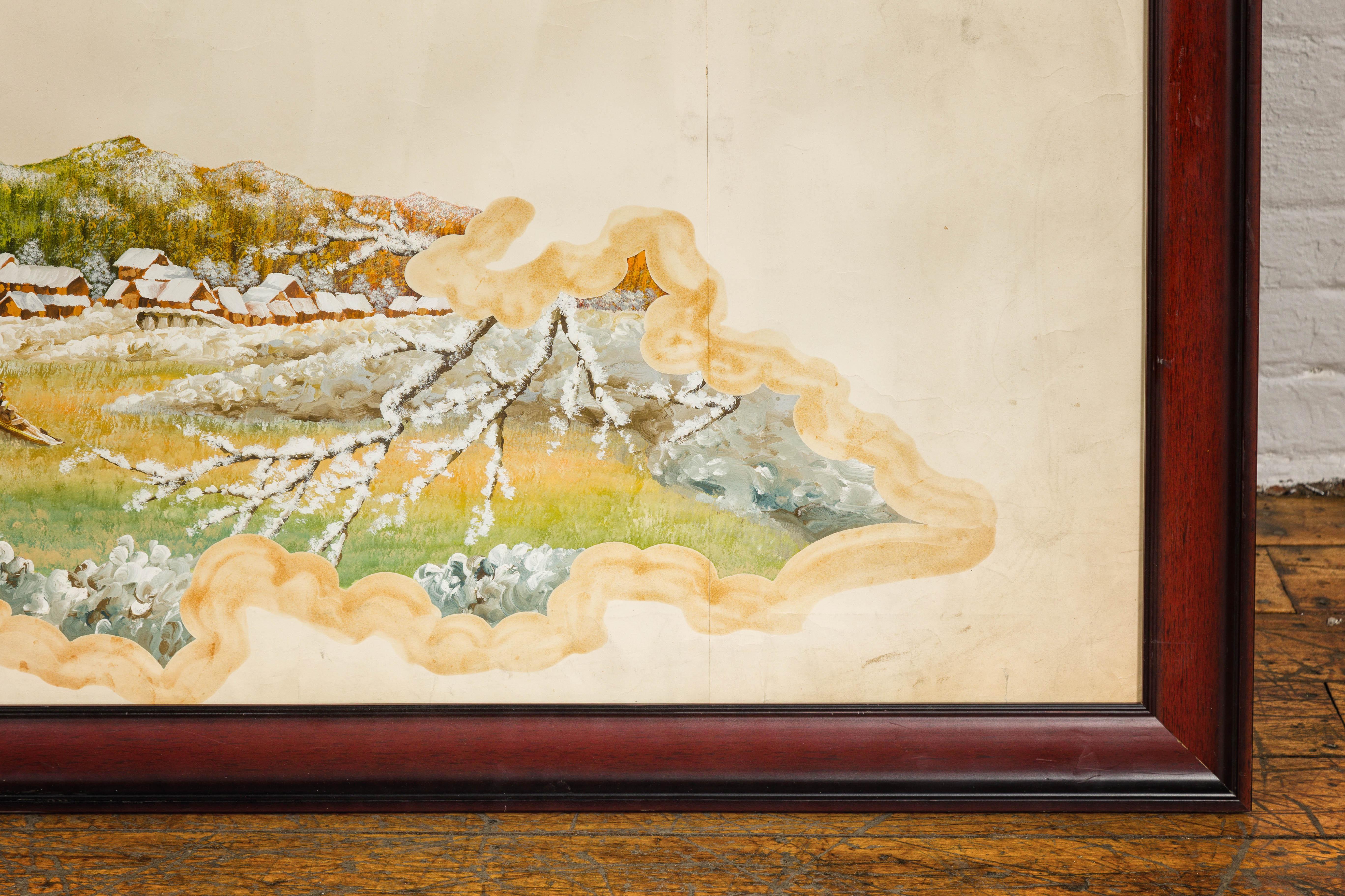 Verre Ancienne scène de paysage de village japonais peinte à la main sur papier dans un cadre personnalisé en vente