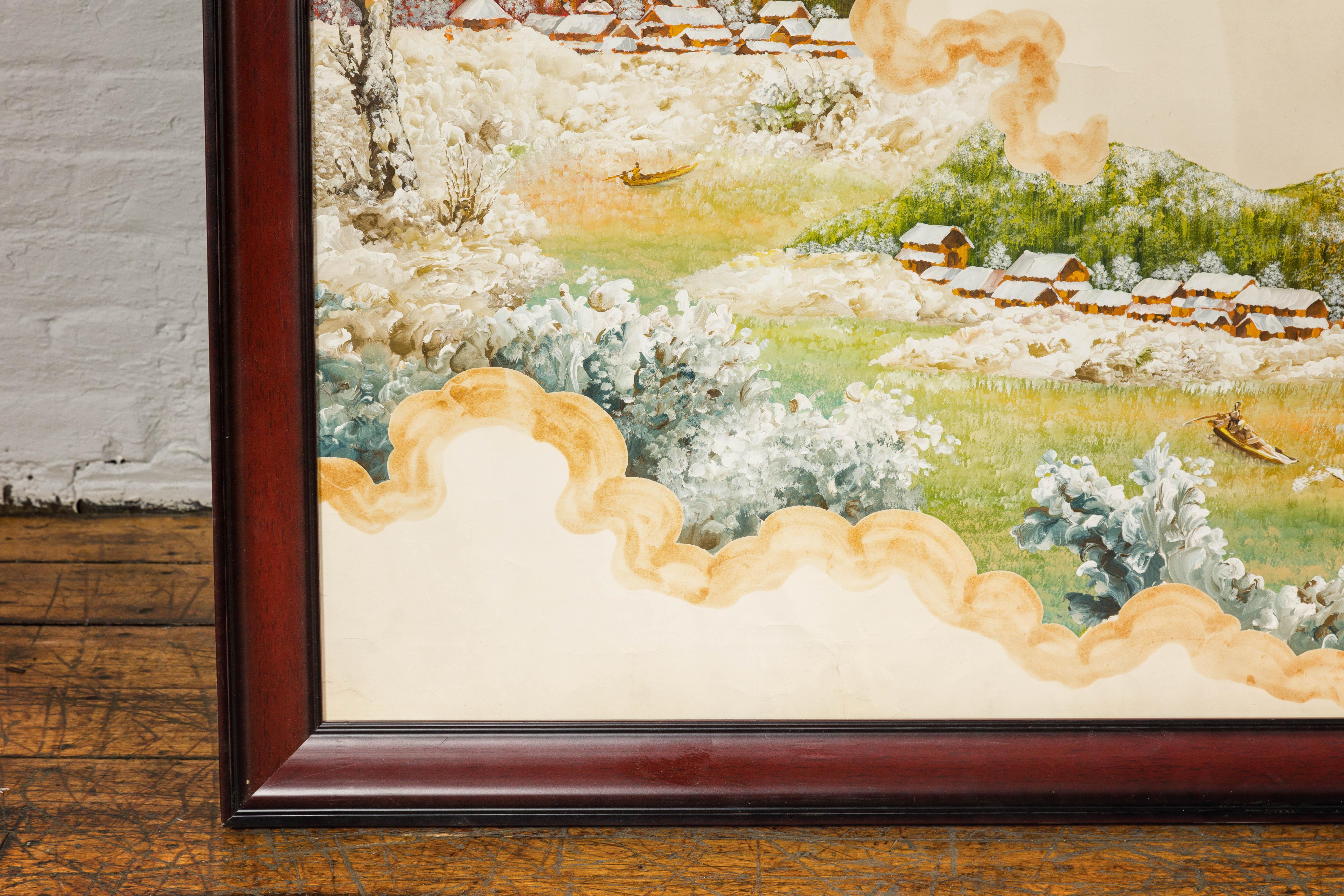 Antique Japanese Hand-Painted Village Landscape Scene on Paper in Custom Frame For Sale 3