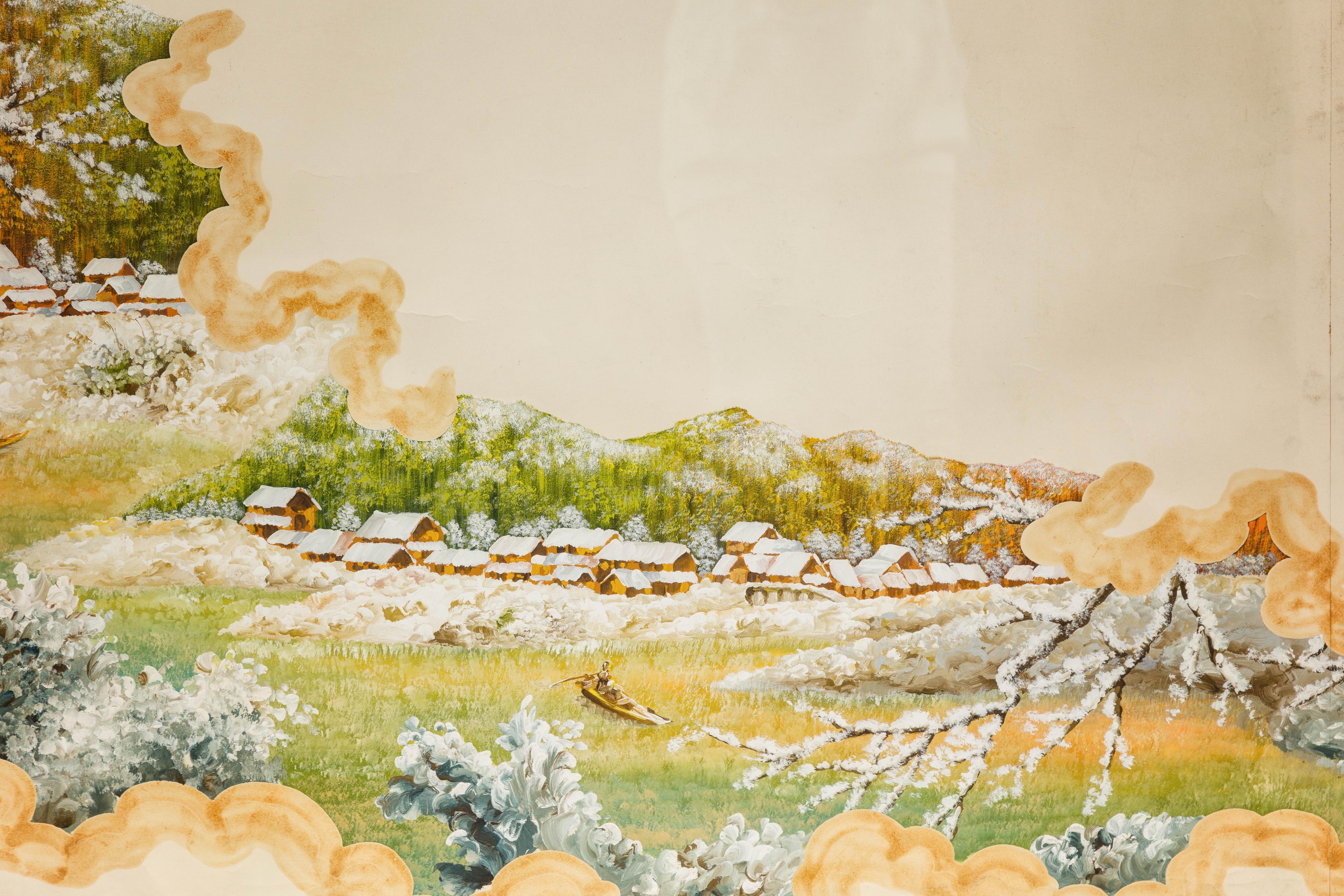 Ancienne scène de paysage de village japonais peinte à la main sur papier dans un cadre personnalisé en vente 2