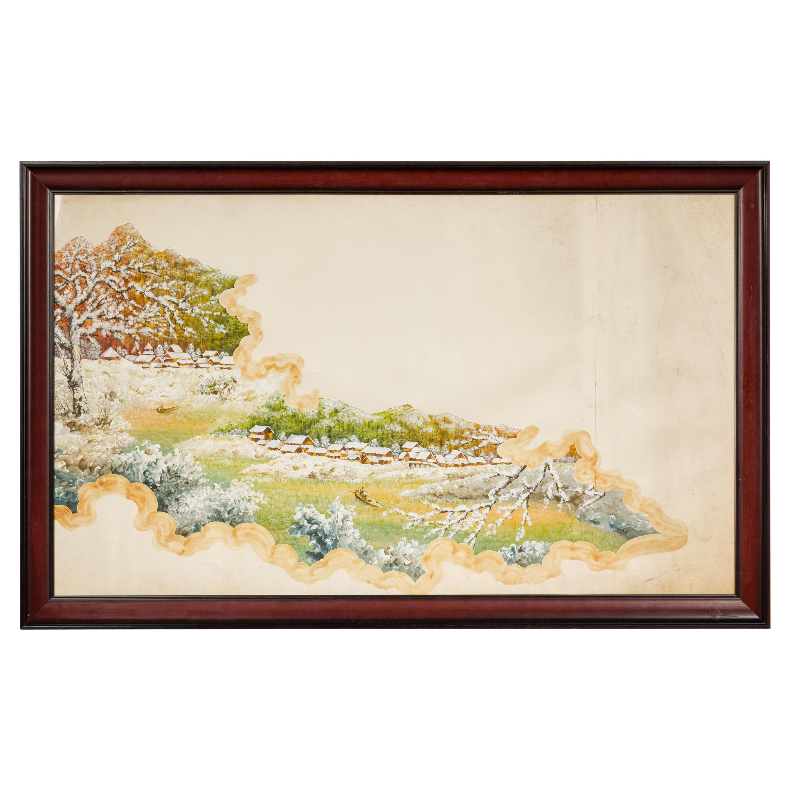 Antique Japanese Hand-Painted Village Landscape Scene on Paper in Custom Frame For Sale