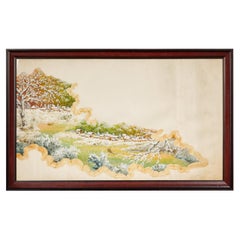 Antique Japanese Hand-Painted Village Landscape Scene on Paper in Custom Frame