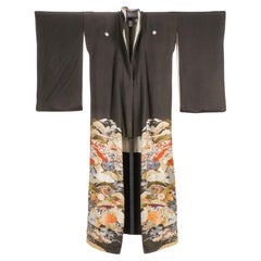 Kimono antiguo japonés de seda negra hecho a mano Período Meiji