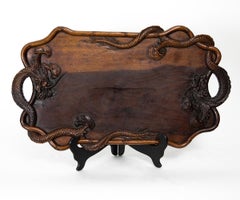 Antique Japanese Hardwood Hand Carved Tray with Dragon Handles