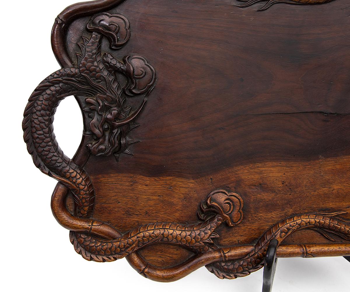 20th Century Antique Japanese Hardwood Hand Carved Tray with Dragon Handles For Sale