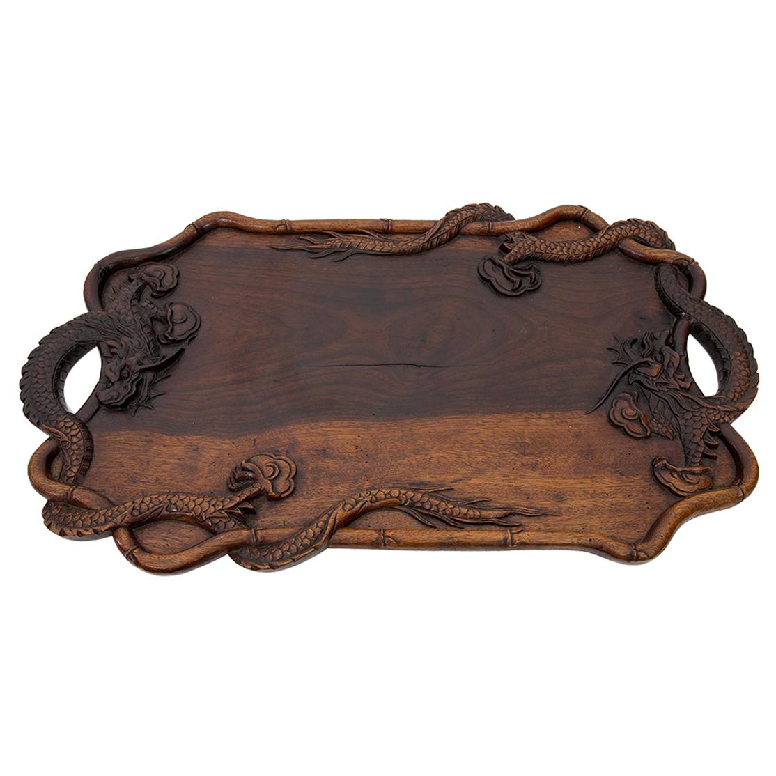 Antique Japanese Hardwood Hand Carved Tray with Dragon Handles For Sale