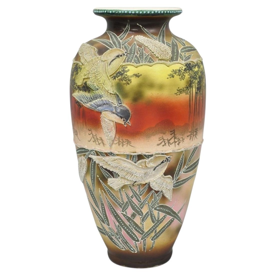Antique Japanese Heavy Moriage Hand Painted Porcelain Oriental Bird Satsuma Vase