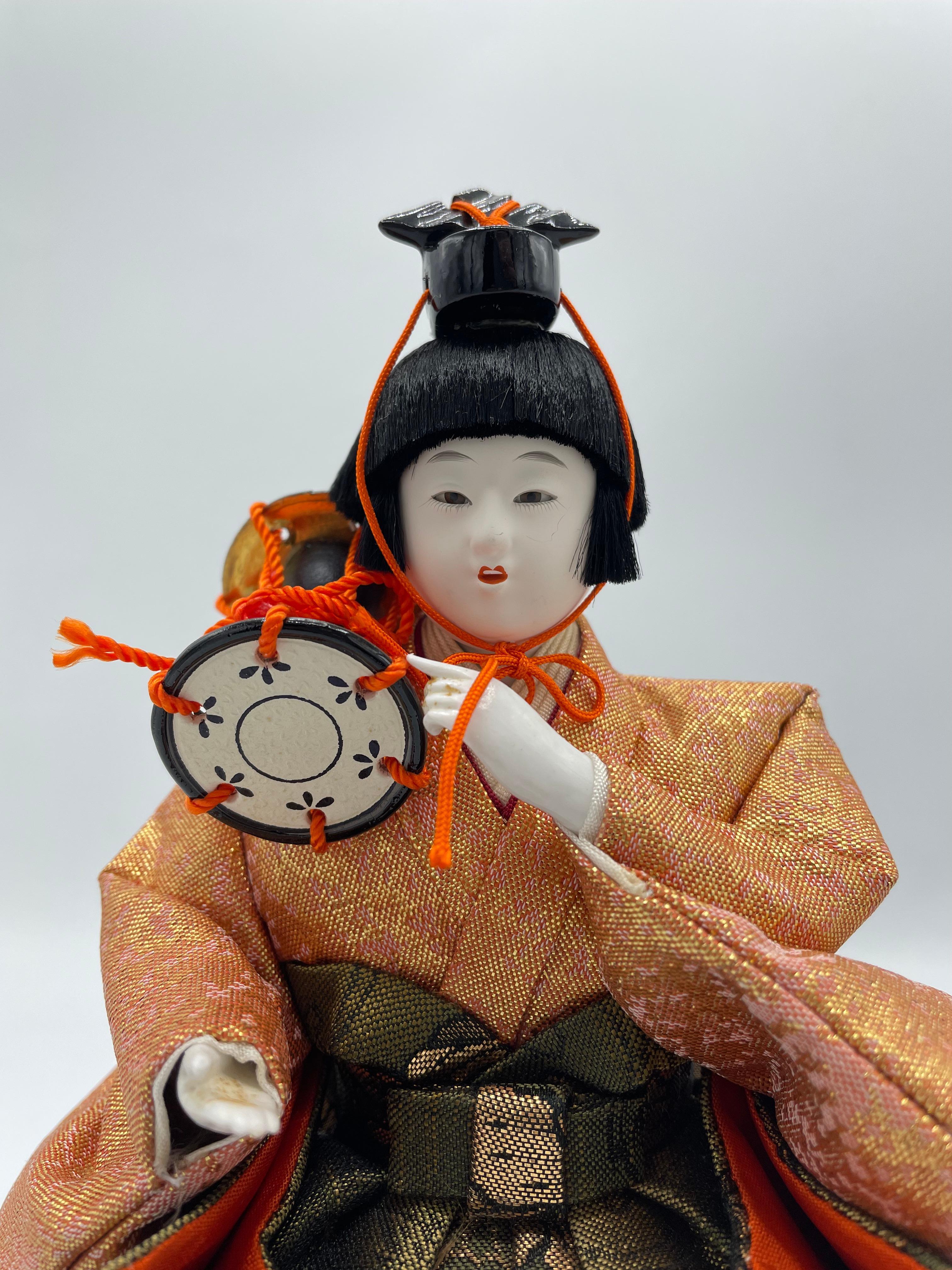 Cotton Antique Japanese Hinamatsuri Doll 'Goninbayashi' Drum 1980s For Sale